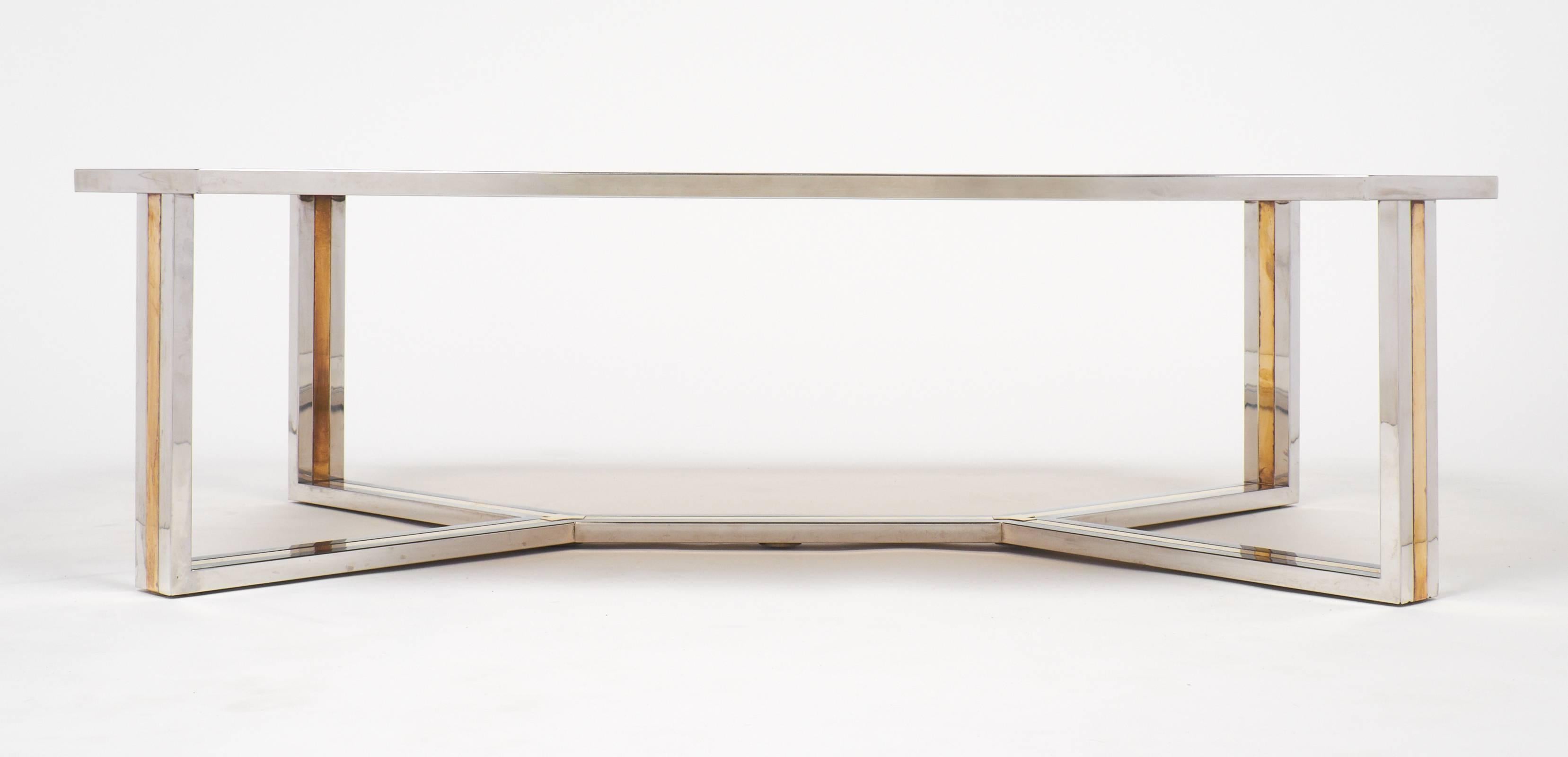 Polished Italian Modernist Brass and Chrome Coffee Table by Romeo Rega