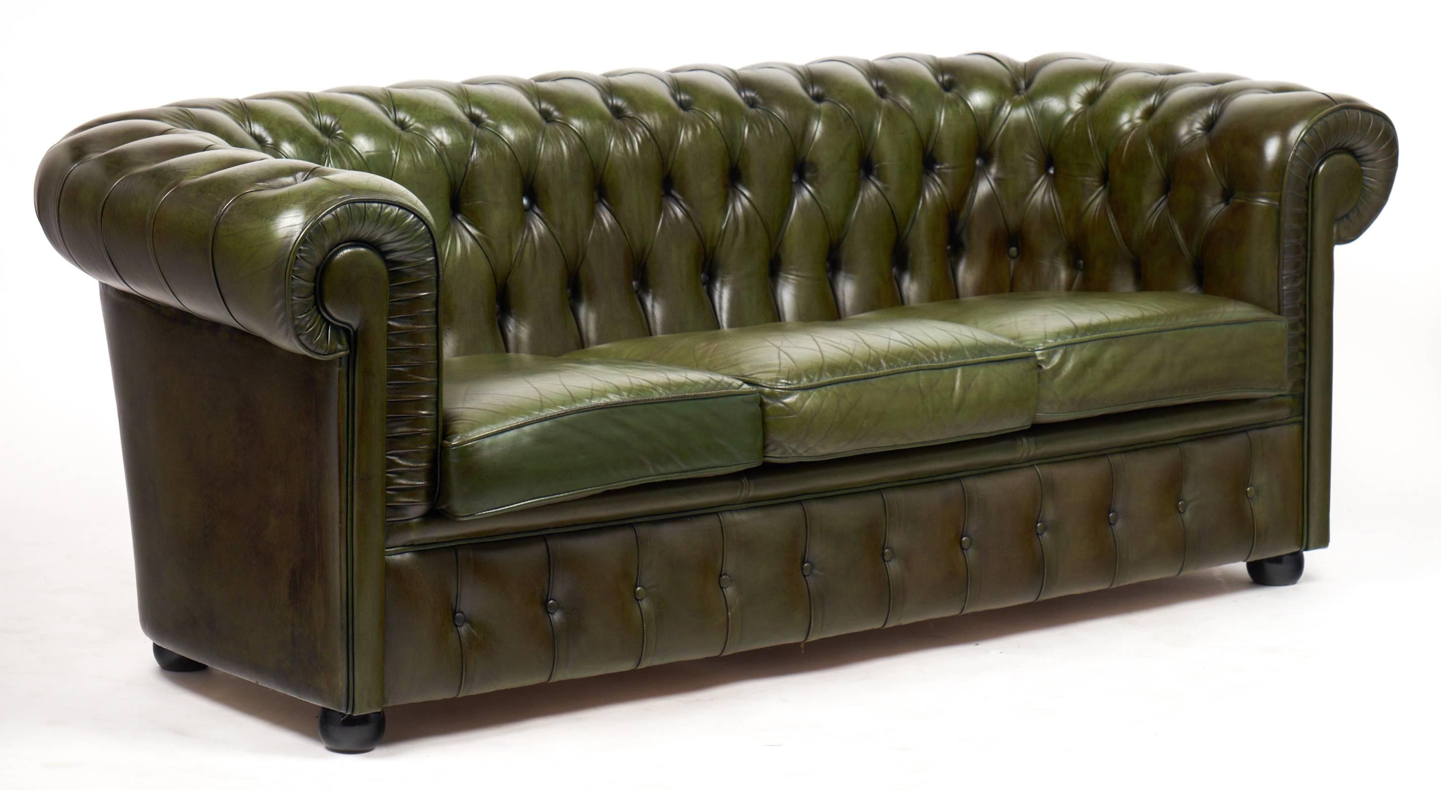 Patinated English Vintage Green or Bronze Chesterfield Sofa