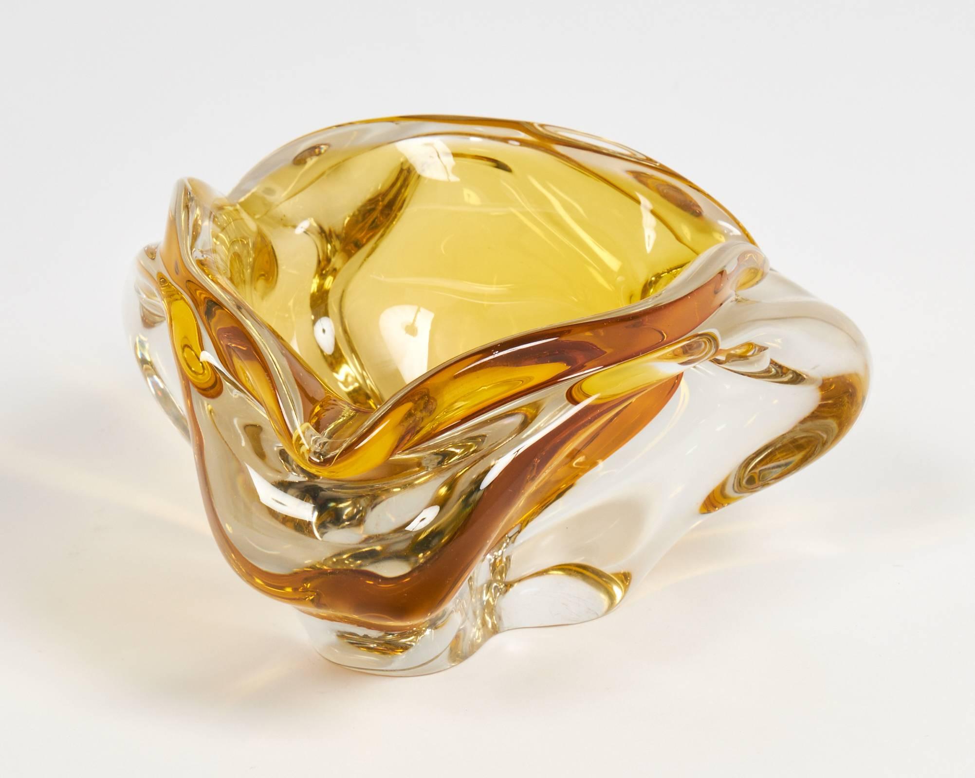 Mid-Century Modern Murano Clear and Amber Handblown Glass Ashtray