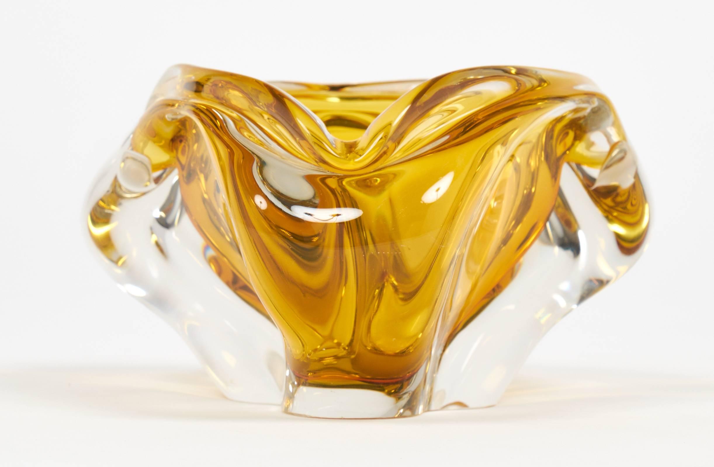 Italian Murano Clear and Amber Handblown Glass Ashtray