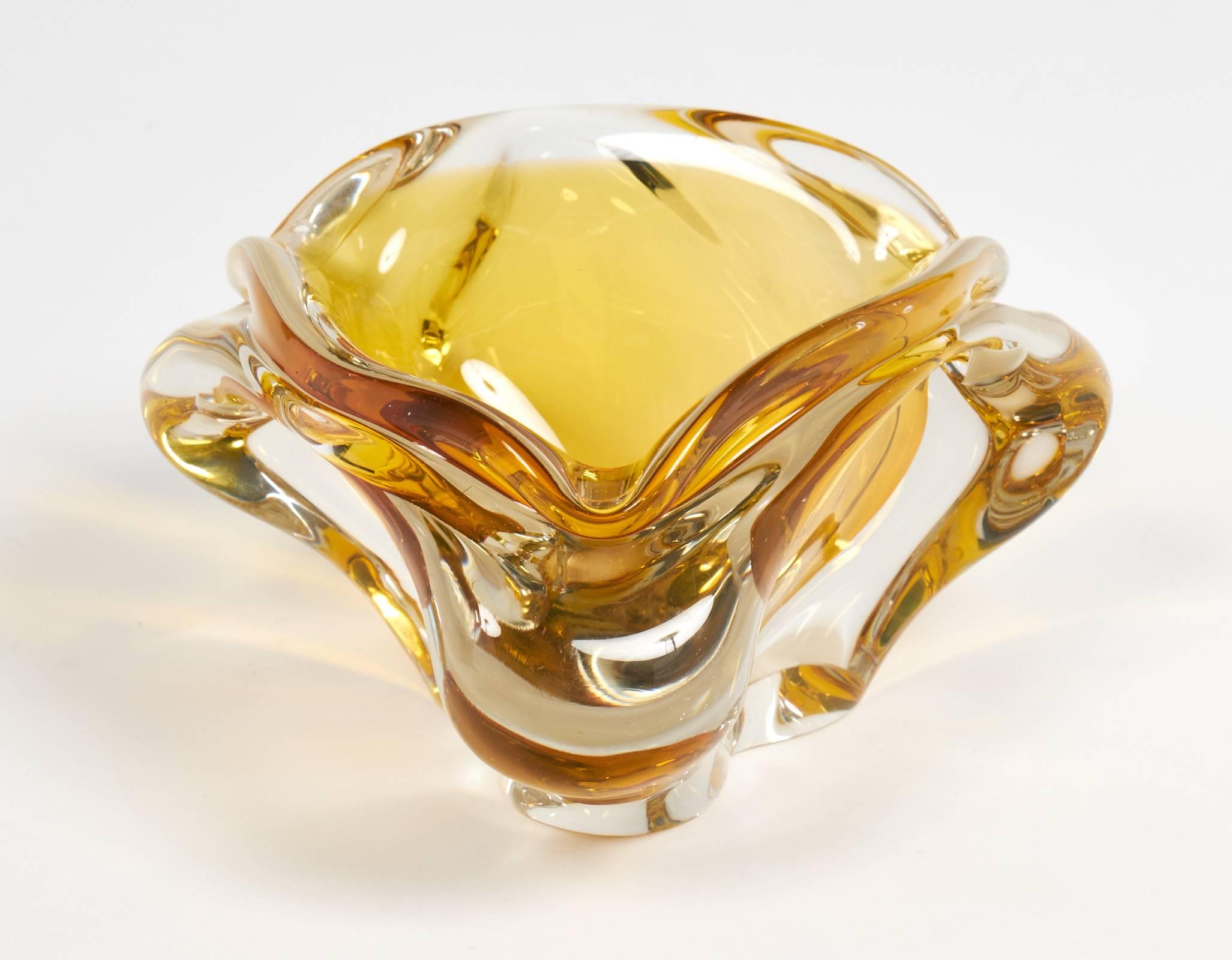 Murano Clear and Amber Handblown Glass Ashtray In Excellent Condition In Austin, TX