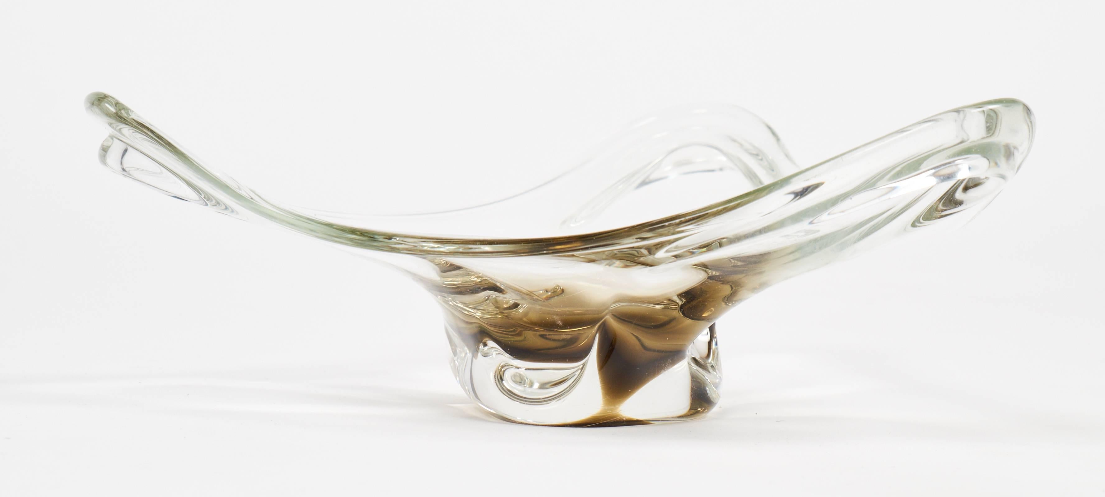 Mid-Century Modern Murano Clear and Amber Handblown Glass Ashtray