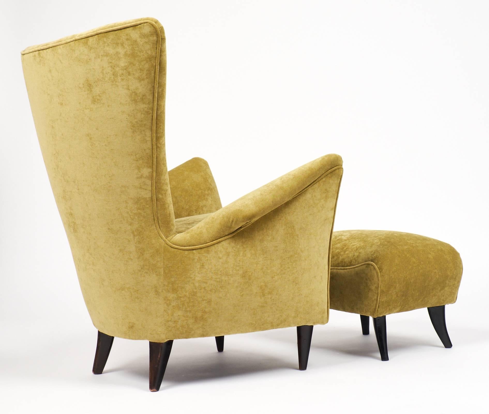 Velvet Vintage Italian Armchair with Stool, Attributed to Gio Ponti