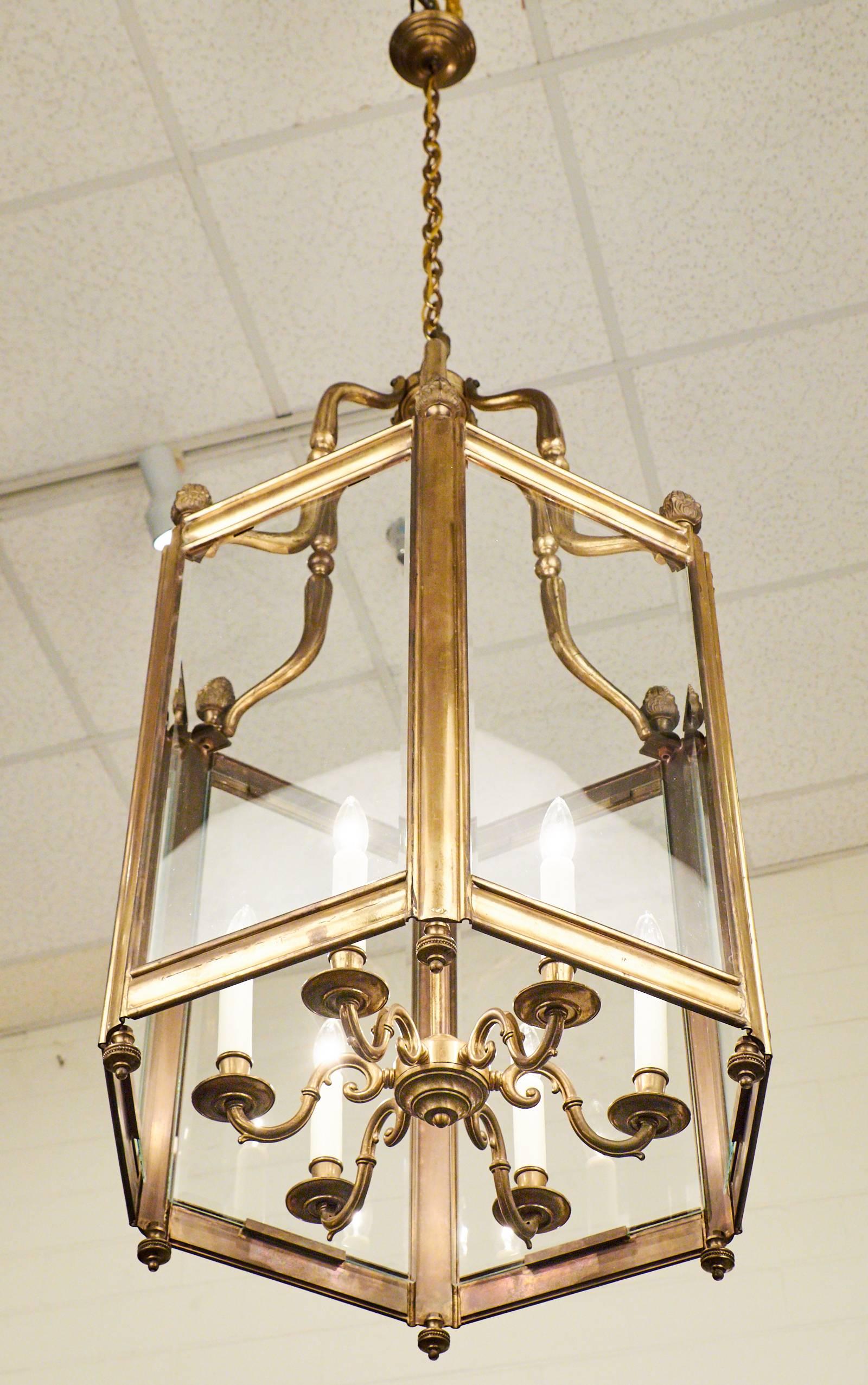 Antique French Louis XVI Style Lantern in Solid Brass In Good Condition In Austin, TX
