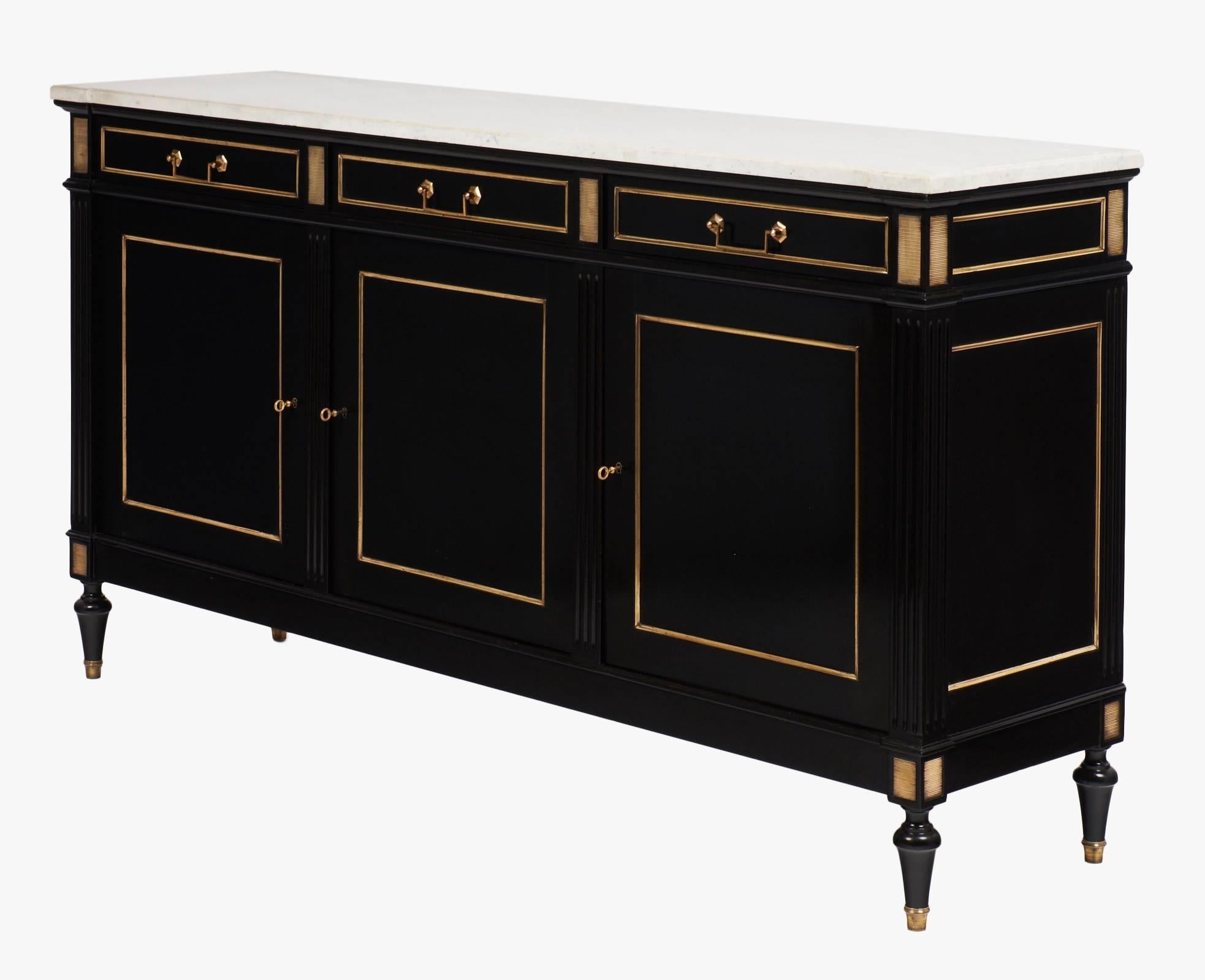 Ebonized Louis XVI Style French Marble Top Buffet in the Manner of Jansen