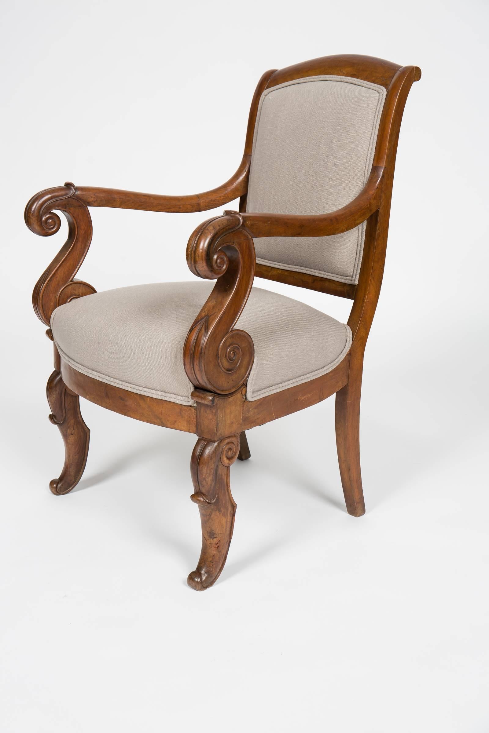 19th Century Pair of Solid Walnut French Restauration Armchairs