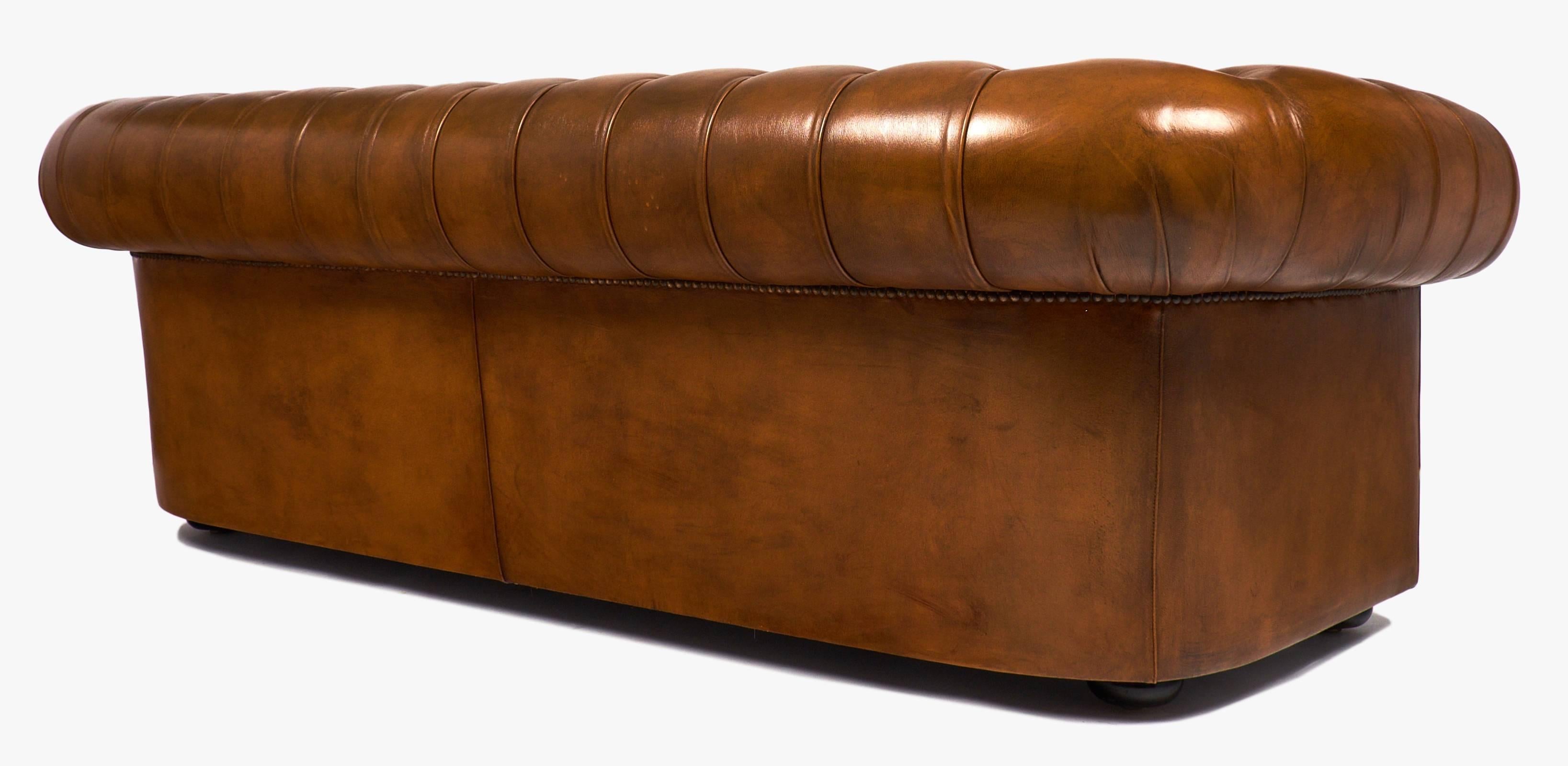 Vintage English Cognac Leather Chesterfield Sofa In Good Condition In Austin, TX