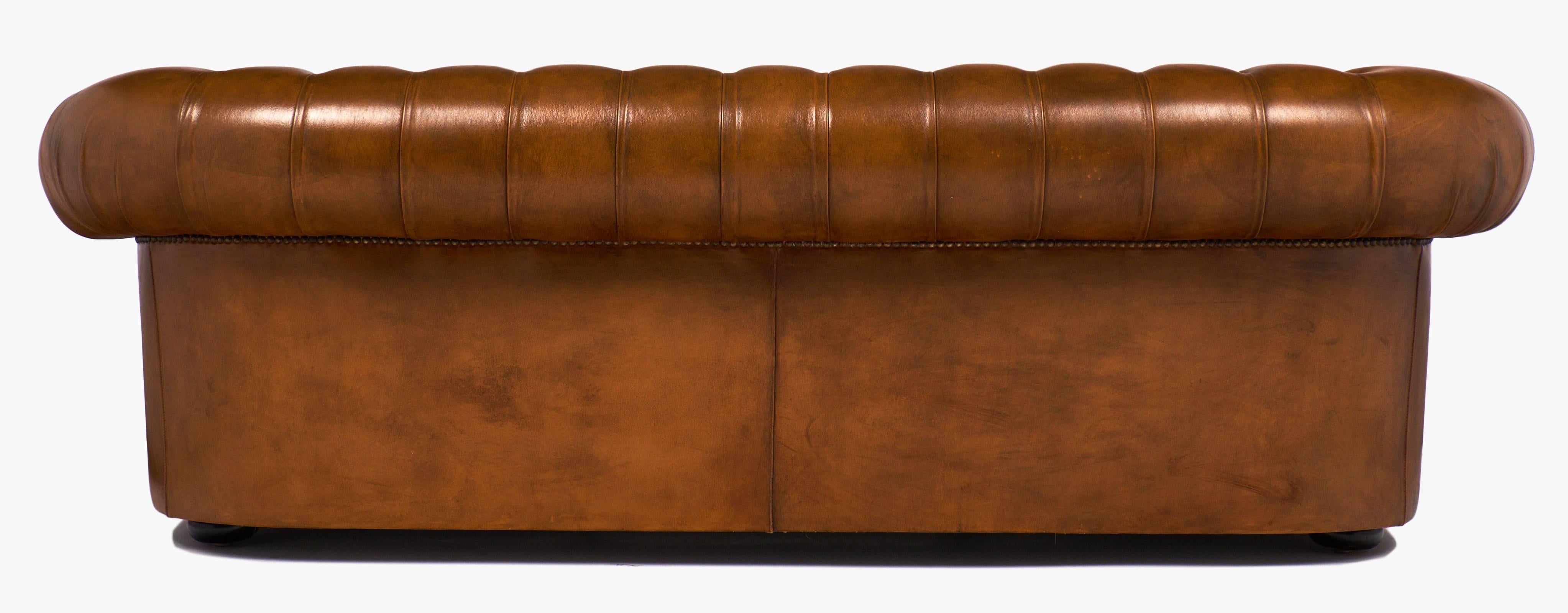 Mid-20th Century Vintage English Cognac Leather Chesterfield Sofa