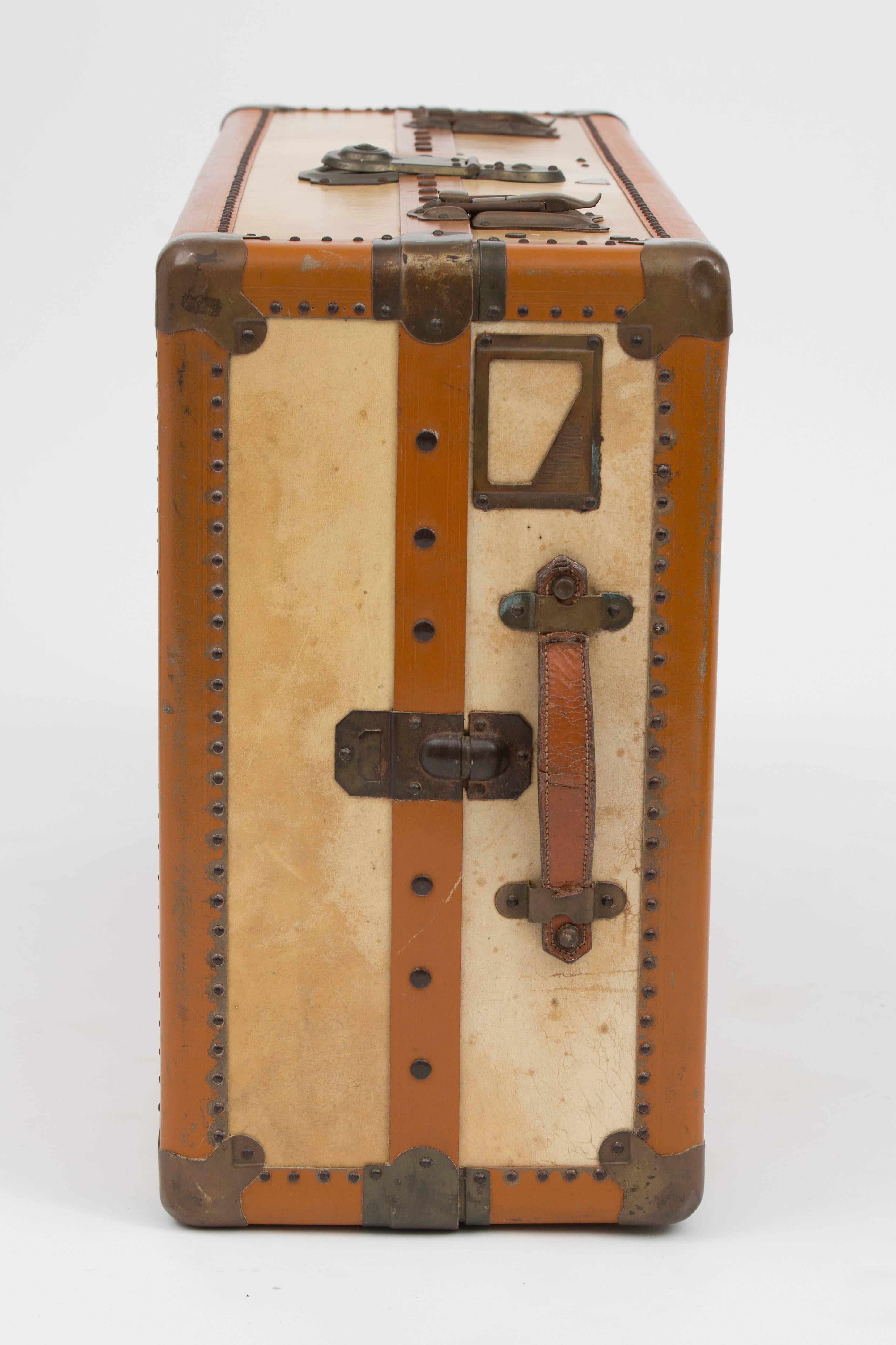 French Vintage Moleskin Steamer Trunk or Suitcase In Good Condition In Austin, TX