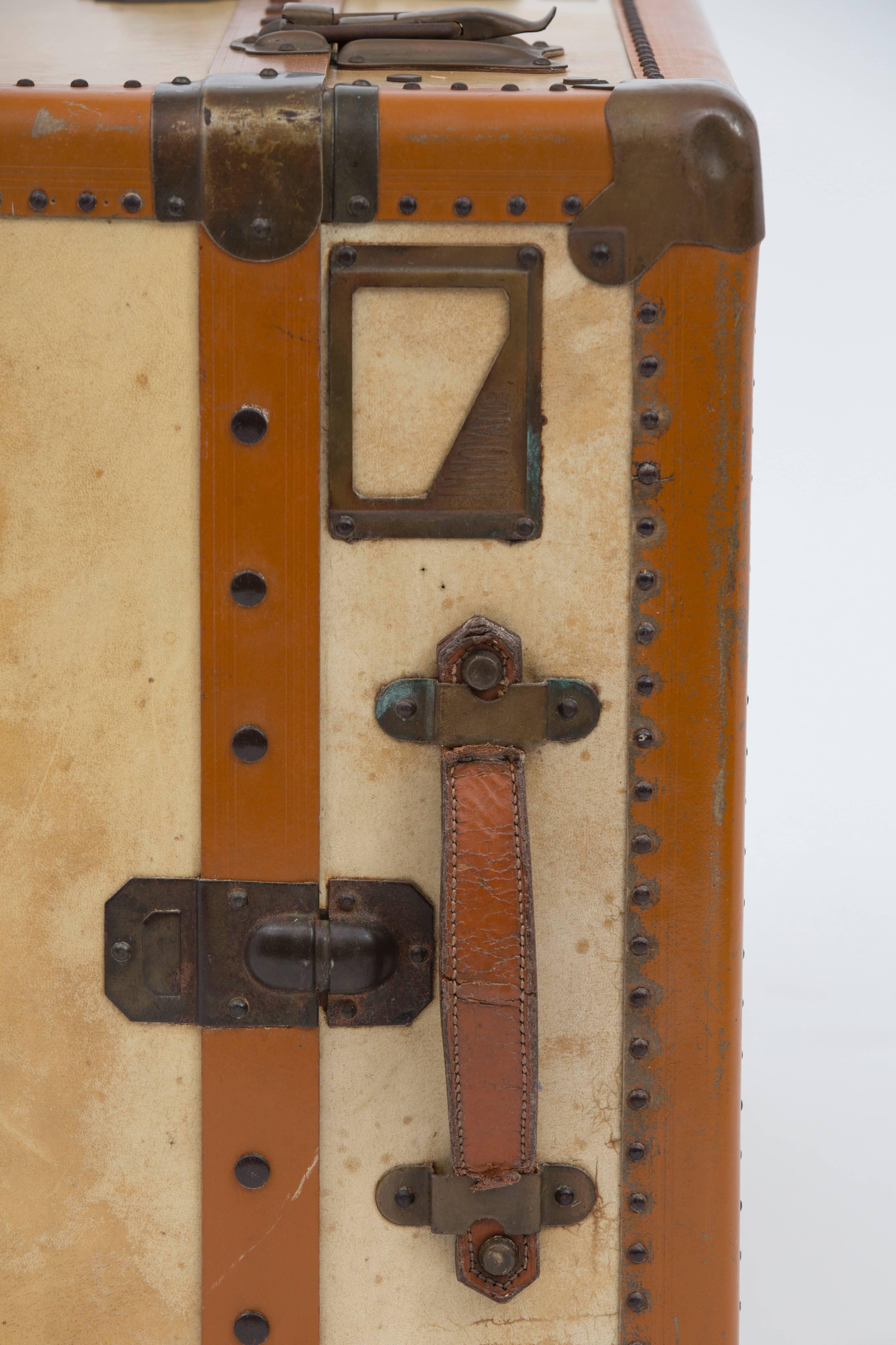 Mid-20th Century French Vintage Moleskin Steamer Trunk or Suitcase