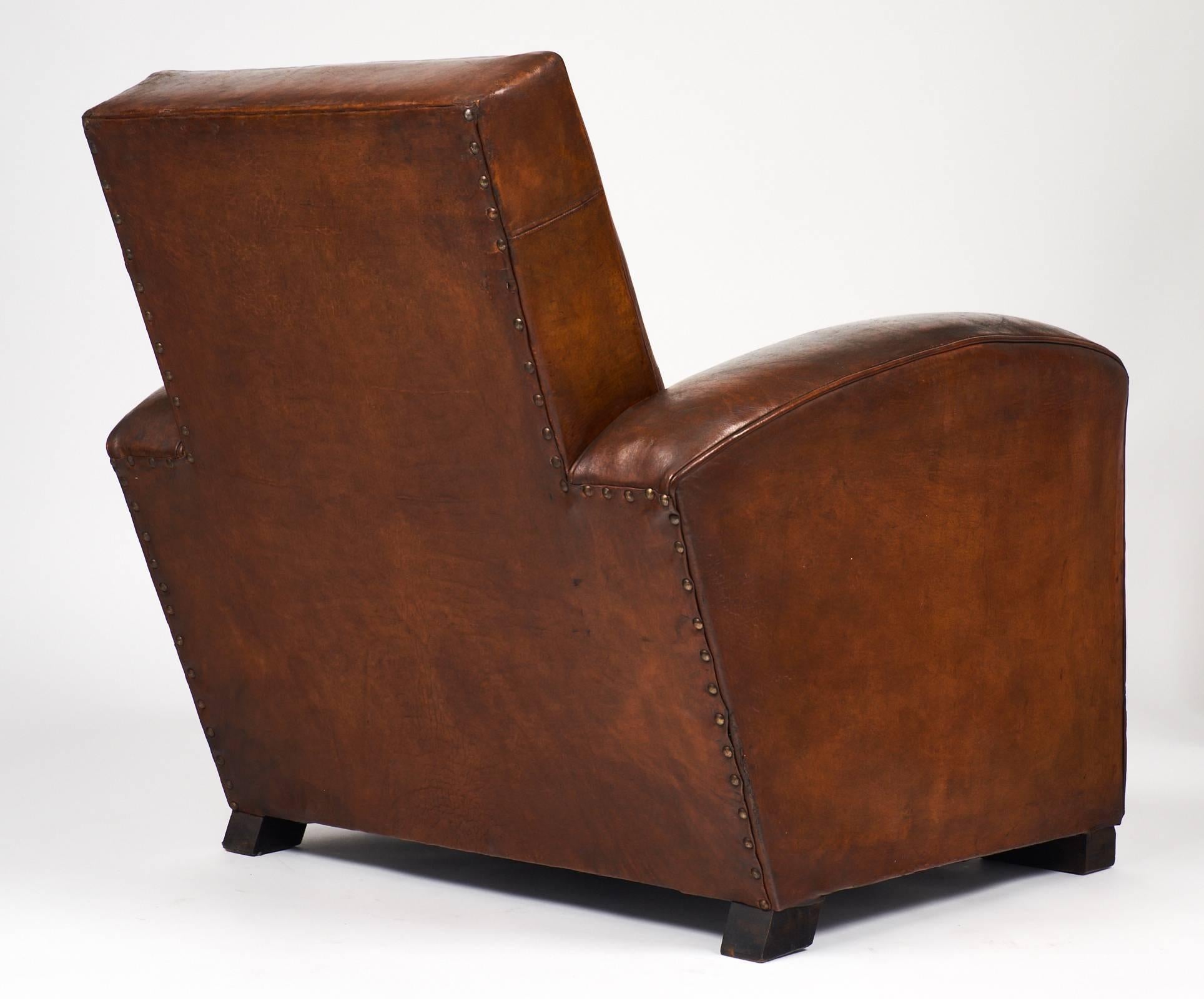 Brass French 1940s Original Leather Club Chair