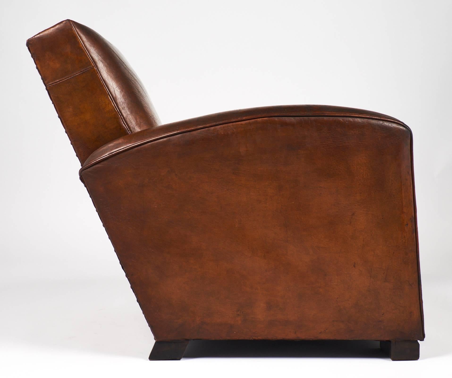 French 1940s Original Leather Club Chair In Good Condition In Austin, TX