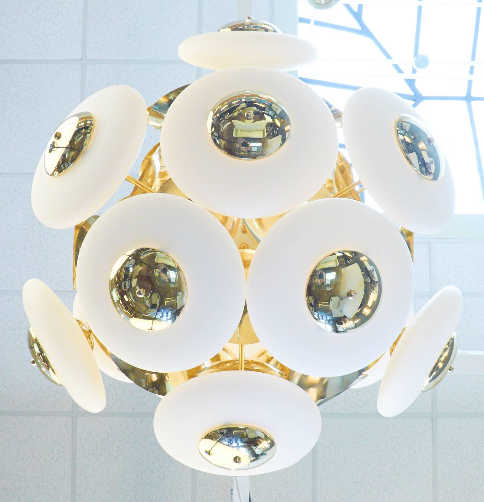 Modern Murano White Glass Orbs and Brass Chandelier For Sale