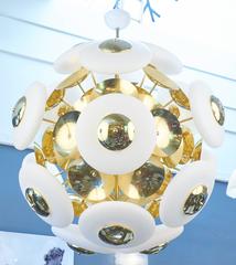 Murano White Glass Orbs and Brass Chandelier