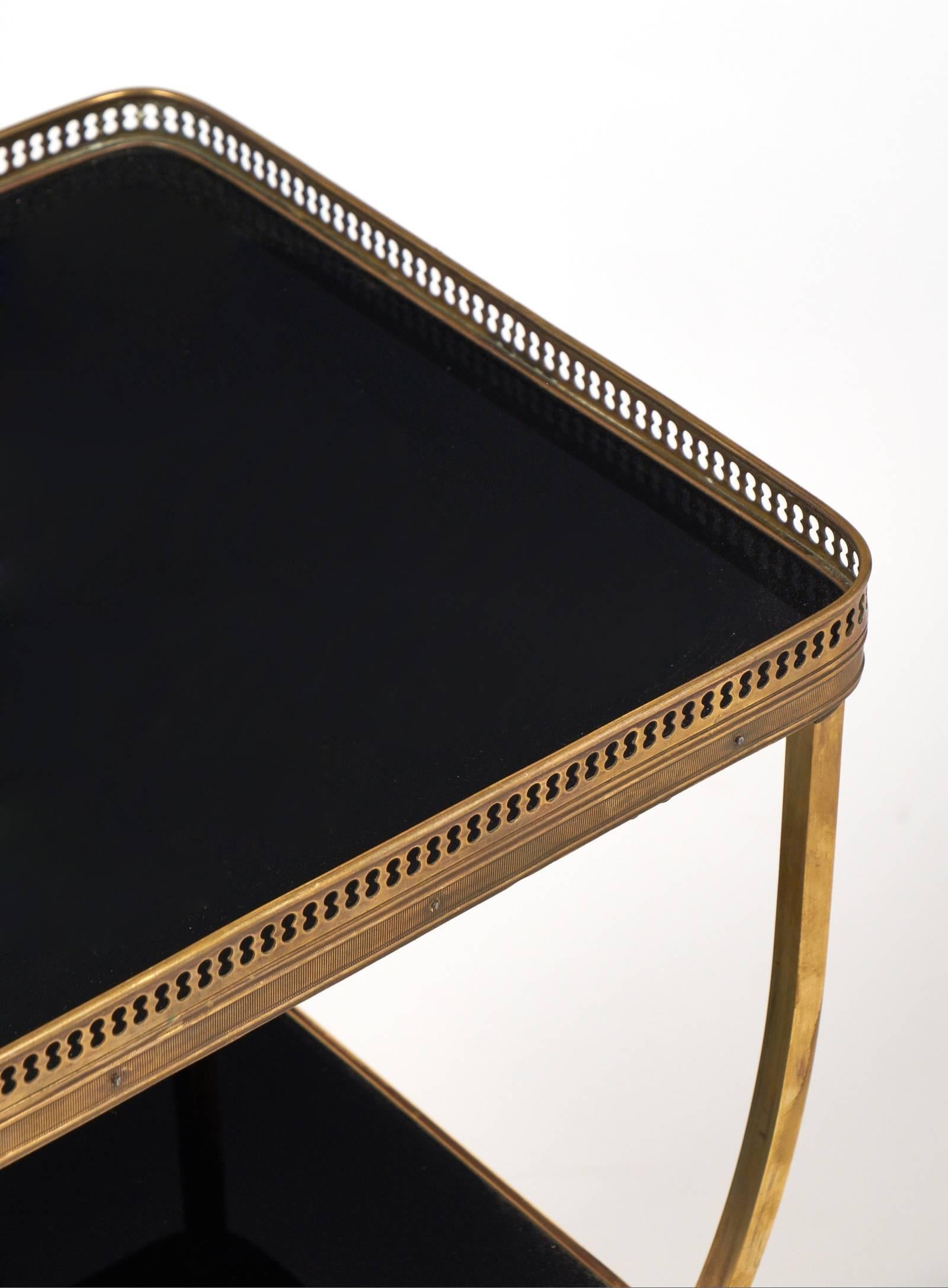 Art Deco Vintage Brass Curule Side Table with Black Glass Shelves