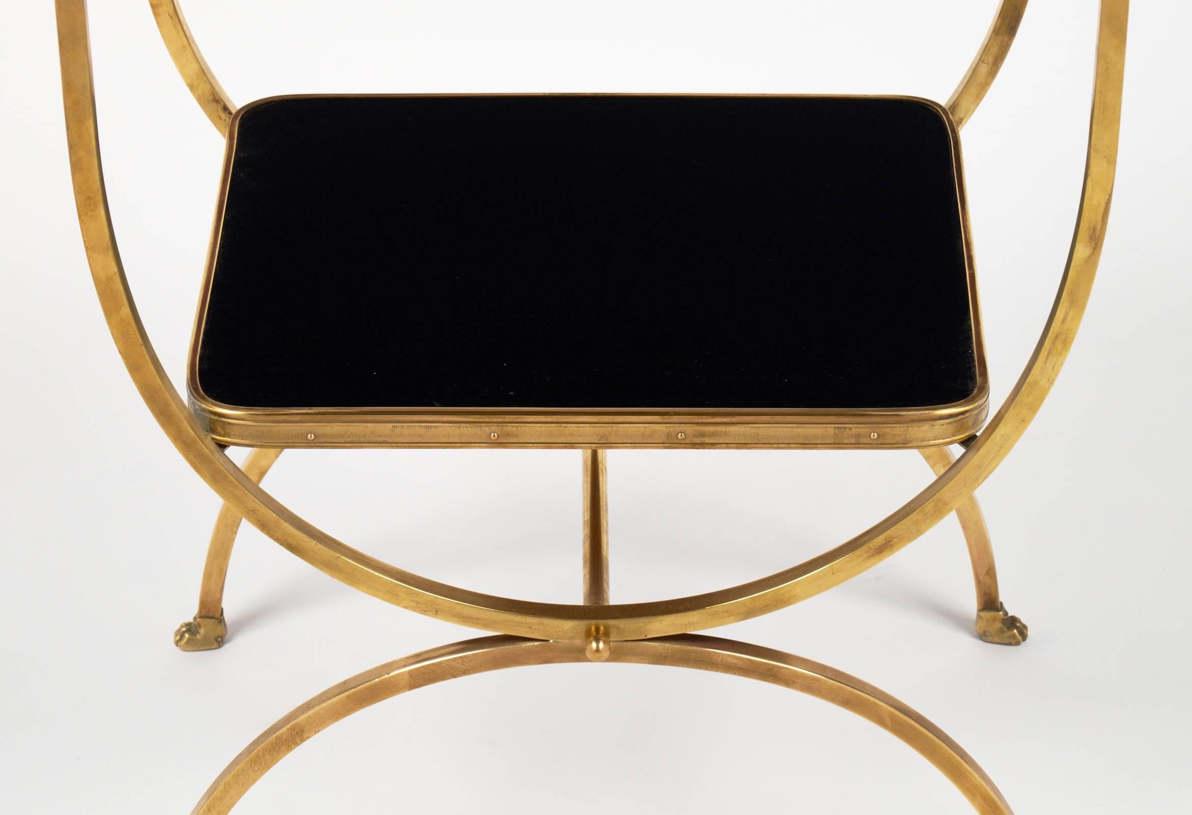 Cast Vintage Brass Curule Side Table with Black Glass Shelves