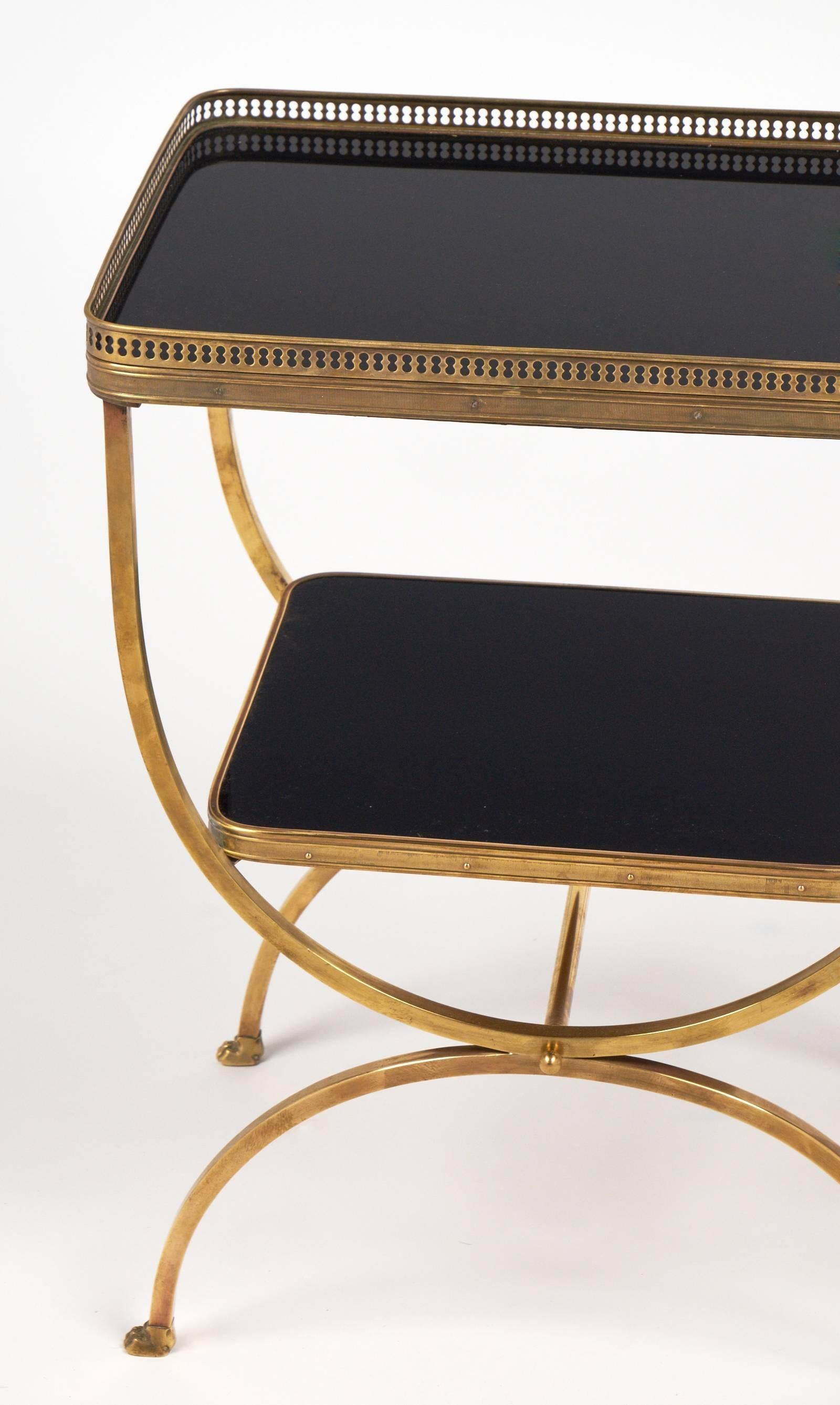 French Vintage Brass Curule Side Table with Black Glass Shelves
