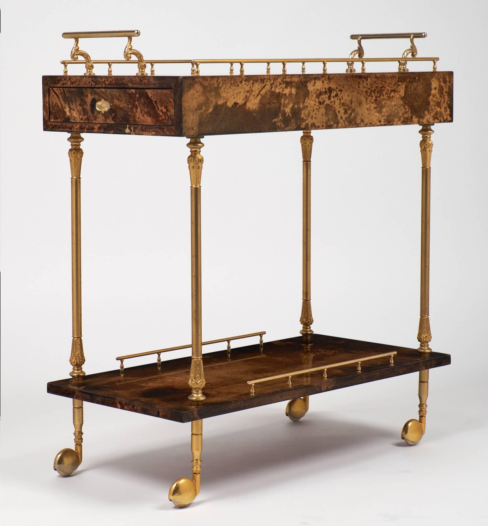 Mid-Century Modern Vintage French Lacquered Goatskin and Brass Bar Cart by Aldo Tura
