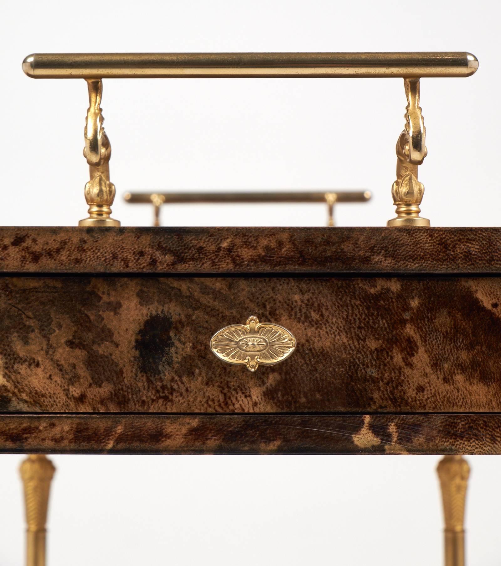 Vintage French Lacquered Goatskin and Brass Bar Cart by Aldo Tura In Good Condition In Austin, TX
