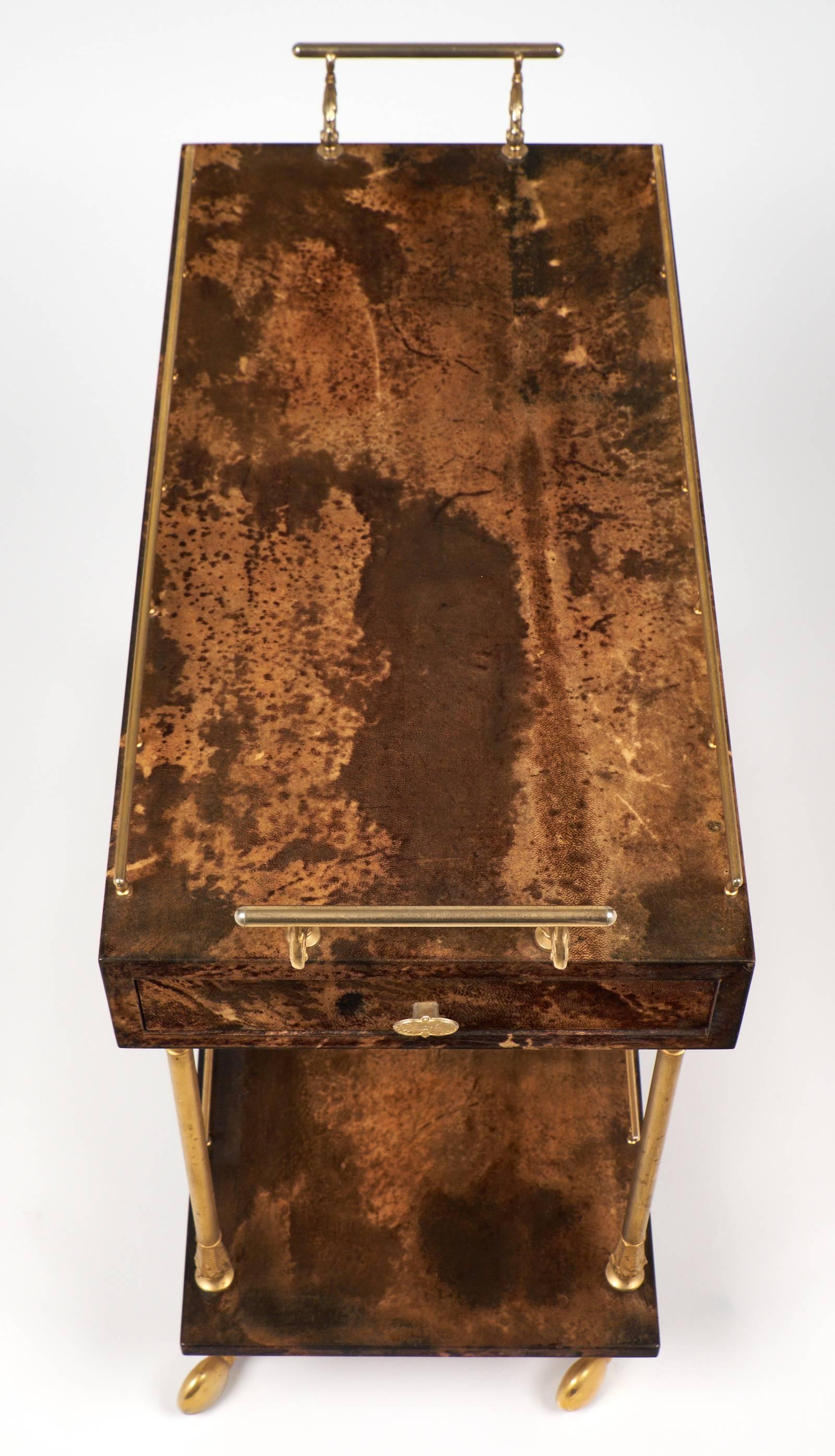 Mid-20th Century Vintage French Lacquered Goatskin and Brass Bar Cart by Aldo Tura