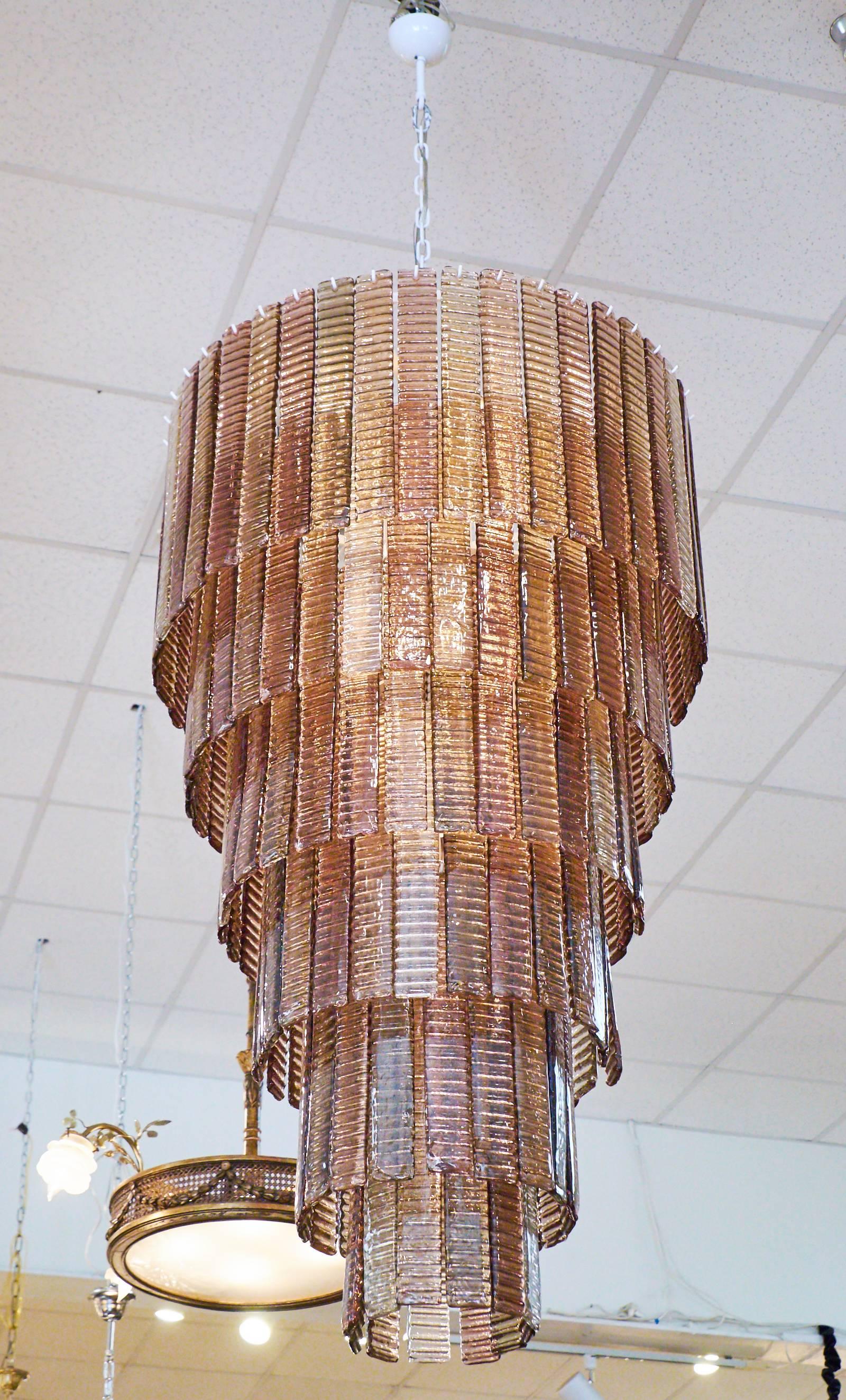 Mid-Century Modern Murano Ribbed Ombré Glass Tiered Chandelier