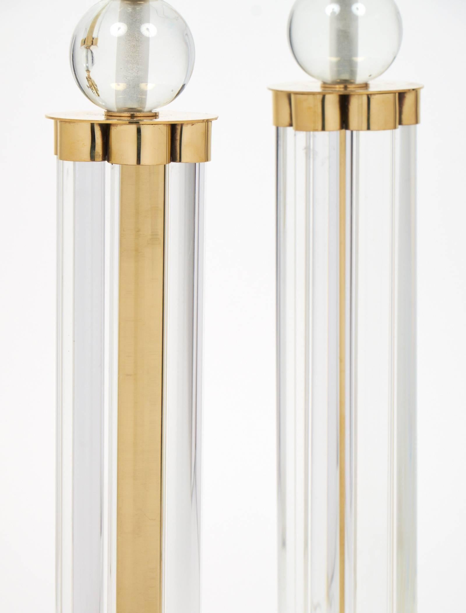 Italian Pair of Murano Glass Tube and Brass Table Lamps