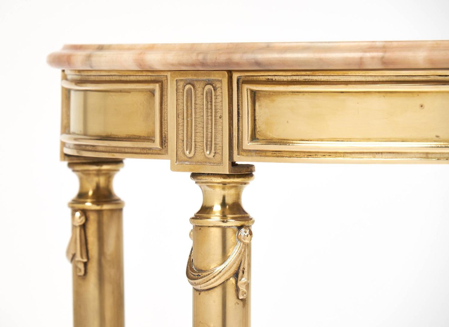 French Neoclassic Marble and Brass Demilune Console Table For Sale at
