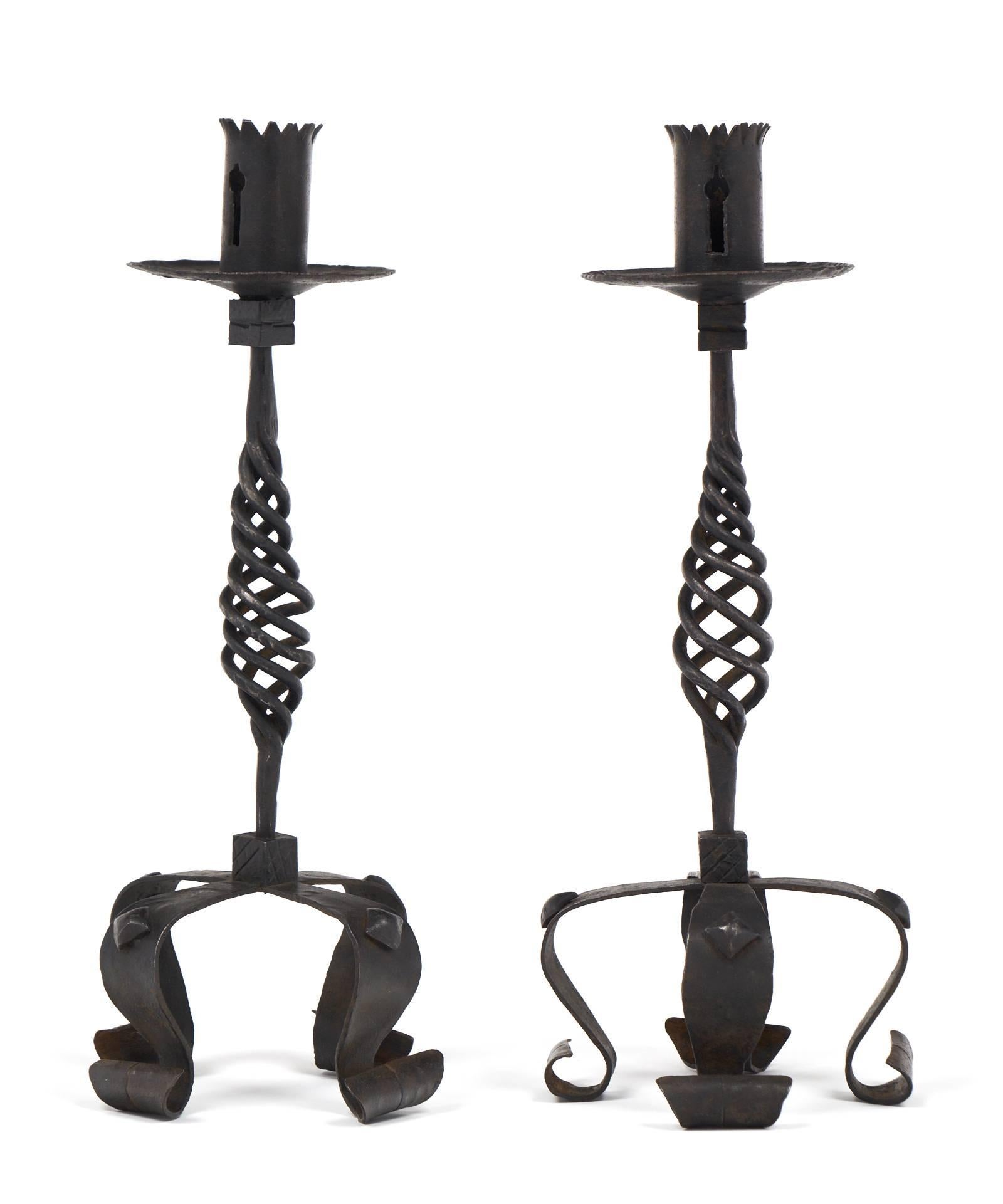 Renaissance Revival Vintage Pair of Forged Iron Candlesticks