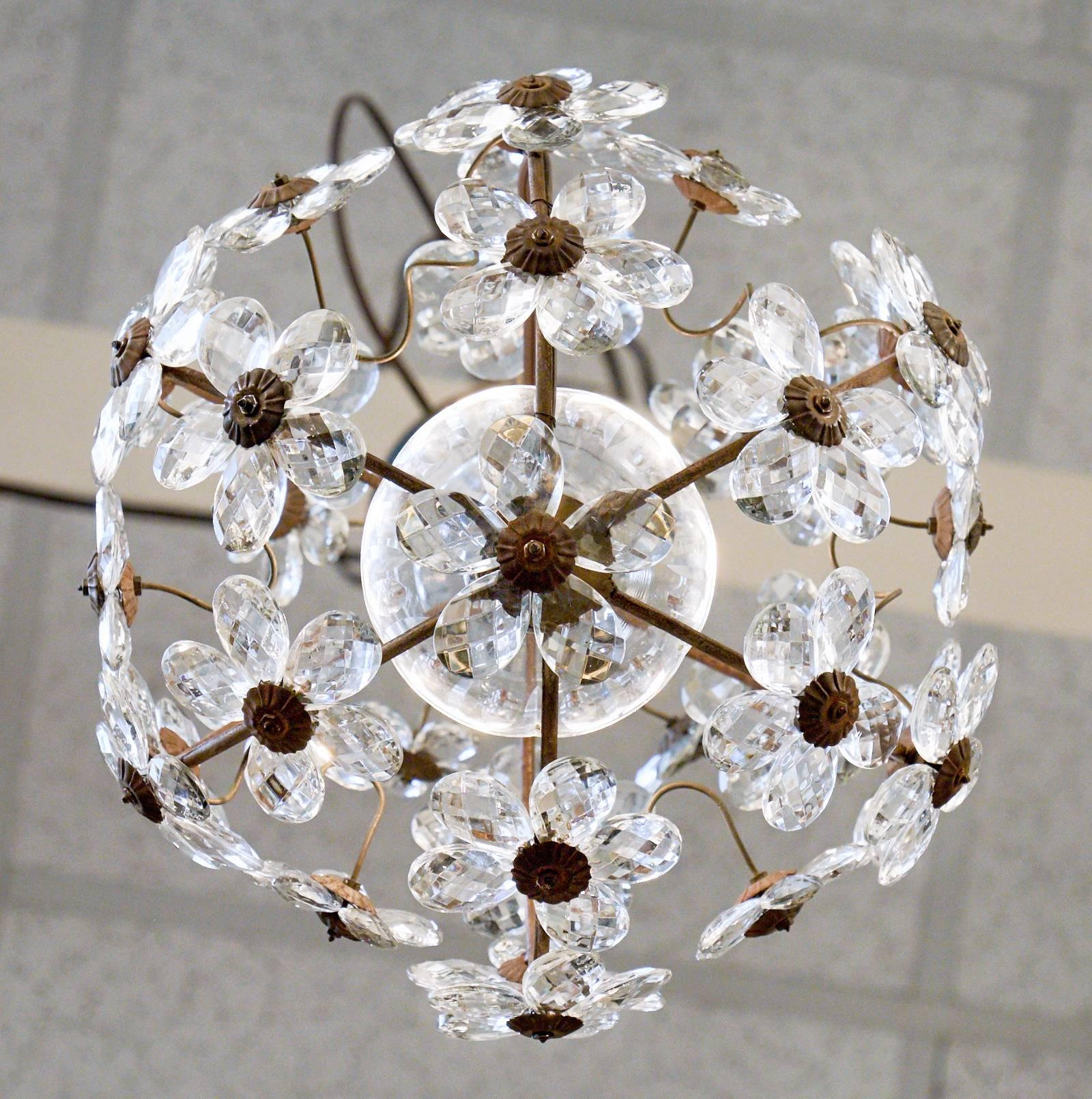 French Antique Glass Flowers and Brass Pendant Light 3