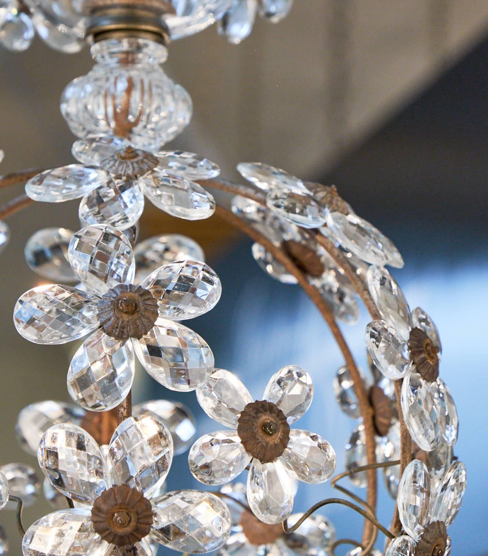 French Antique Glass Flowers and Brass Pendant Light In Good Condition In Austin, TX