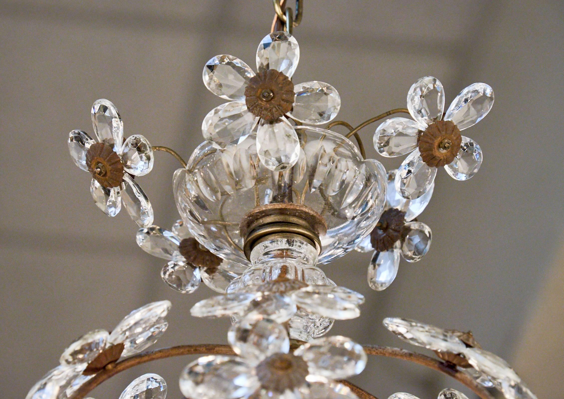 Art Deco French Antique Glass Flowers and Brass Pendant Light