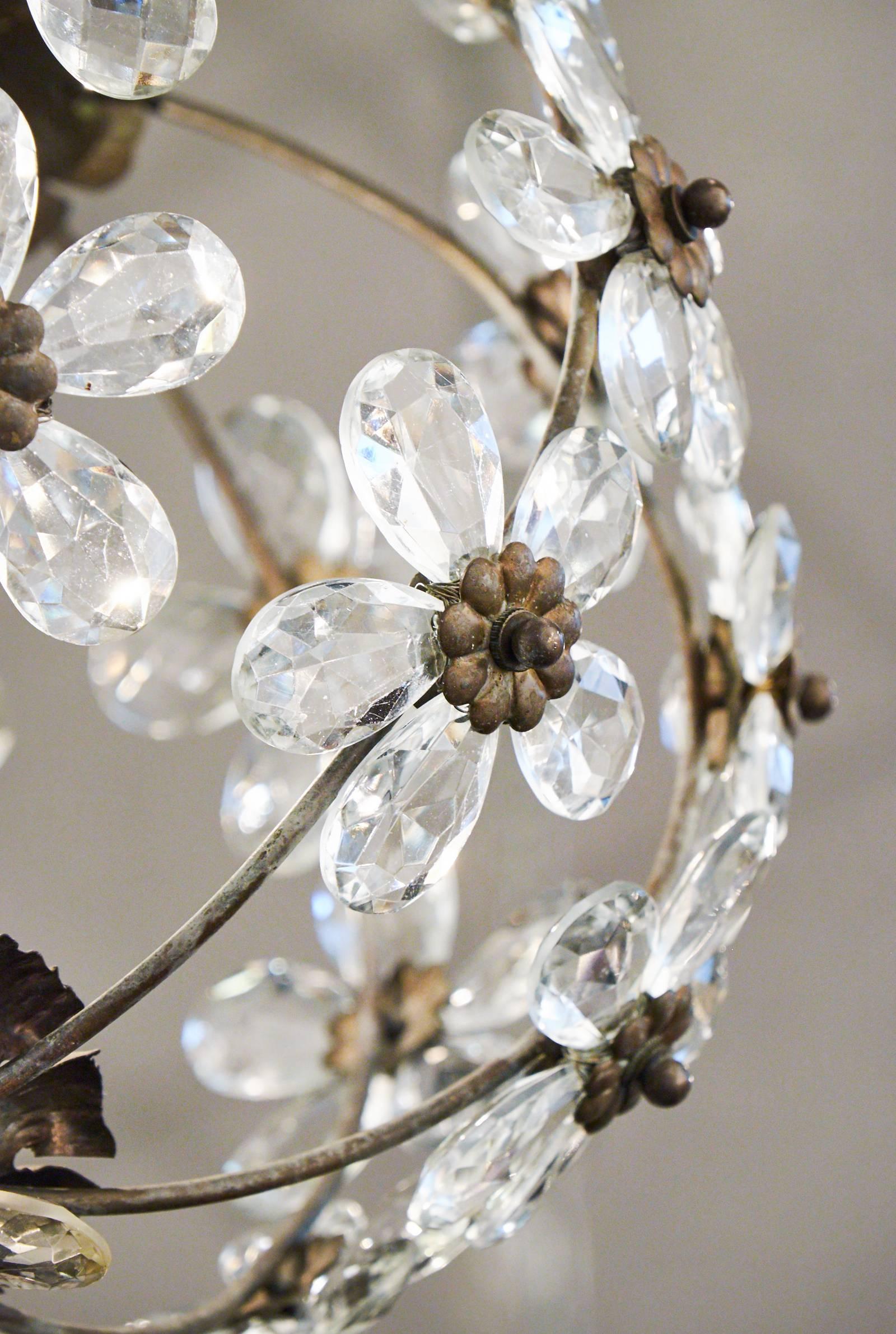 Art Deco French Antique Crystal Flowers and Brass Chandelier