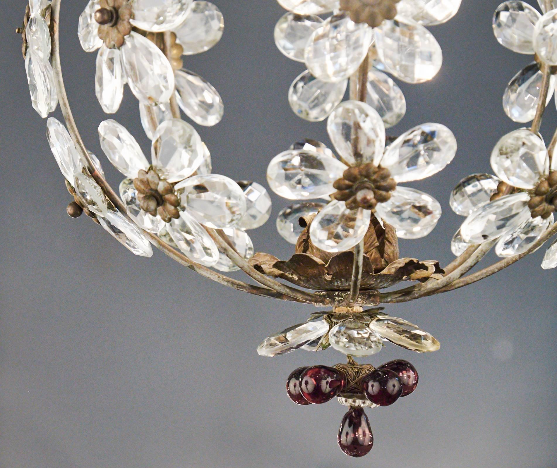 Mid-20th Century French Antique Crystal Flowers and Brass Chandelier