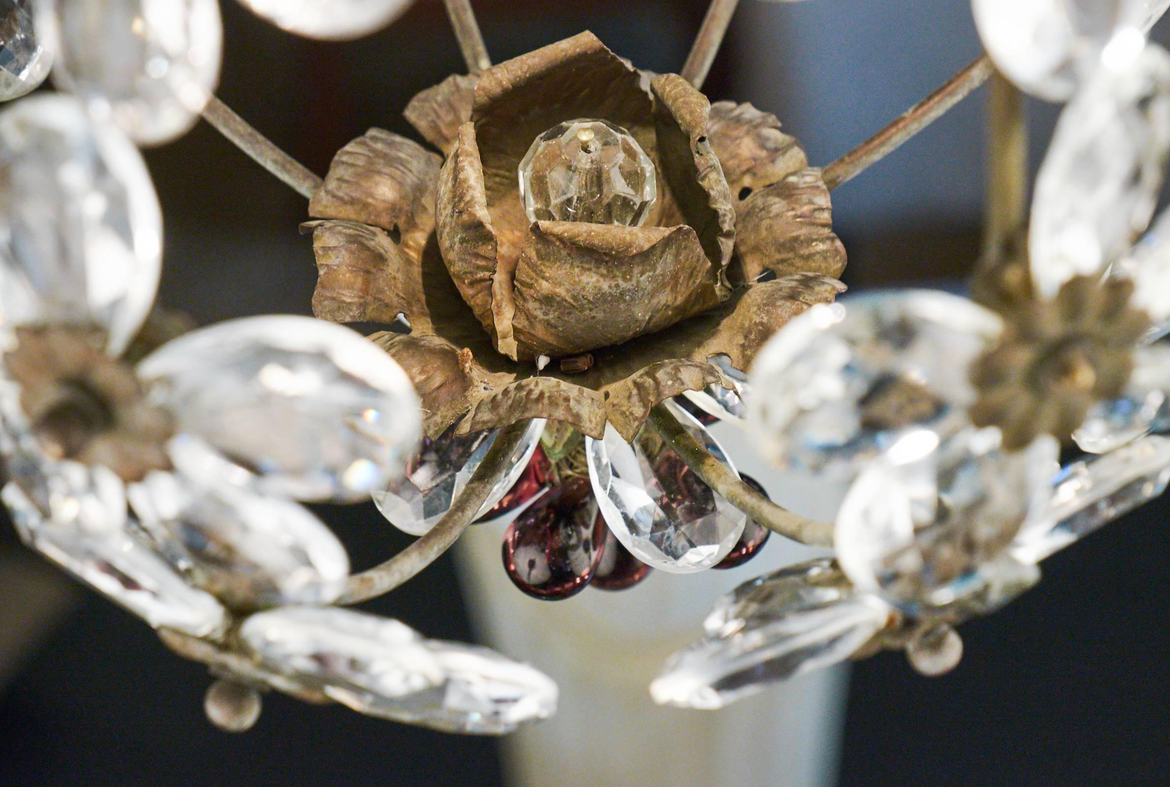 French Antique Crystal Flowers and Brass Chandelier In Good Condition In Austin, TX