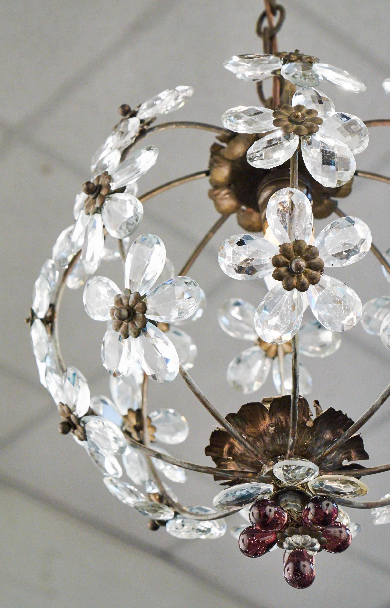 French Antique Crystal Flowers and Brass Chandelier 1