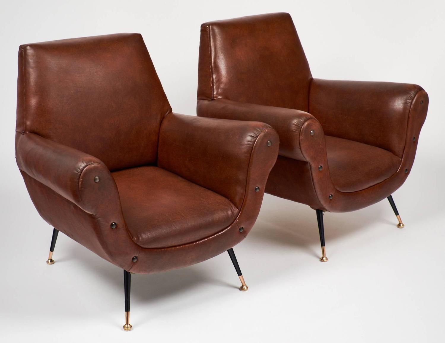 Italian Pair of MidCentury Modern Studded Armchairs For Sale at 1stdibs