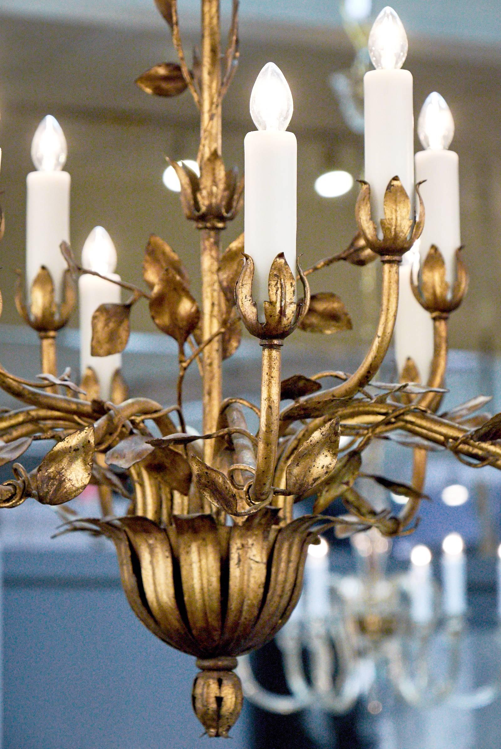 French Gold Leaf Tole Chandelier In Good Condition In Austin, TX
