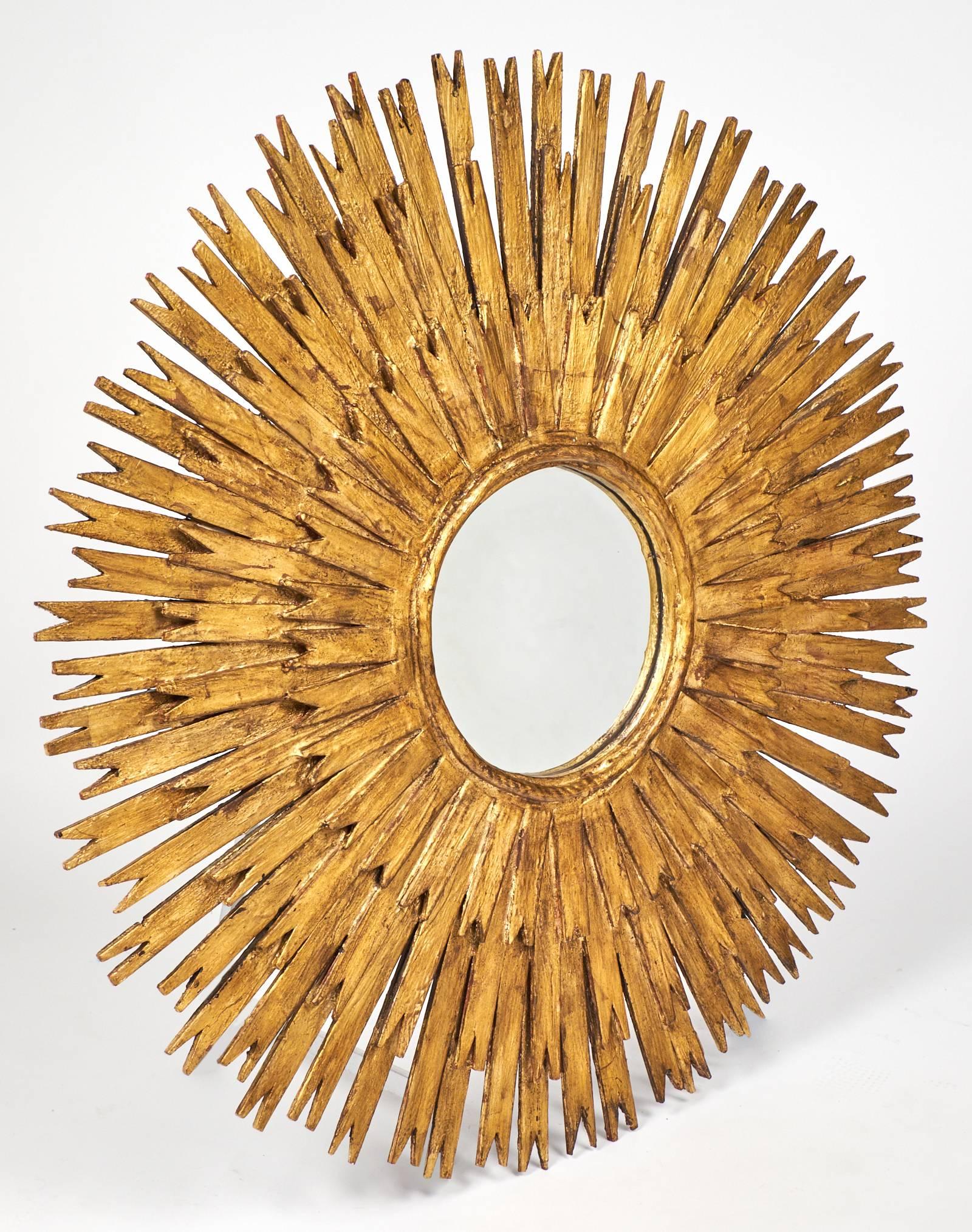 Renaissance Revival Vintage Spanish Pair of Gold Leaf Sunburst Mirror
