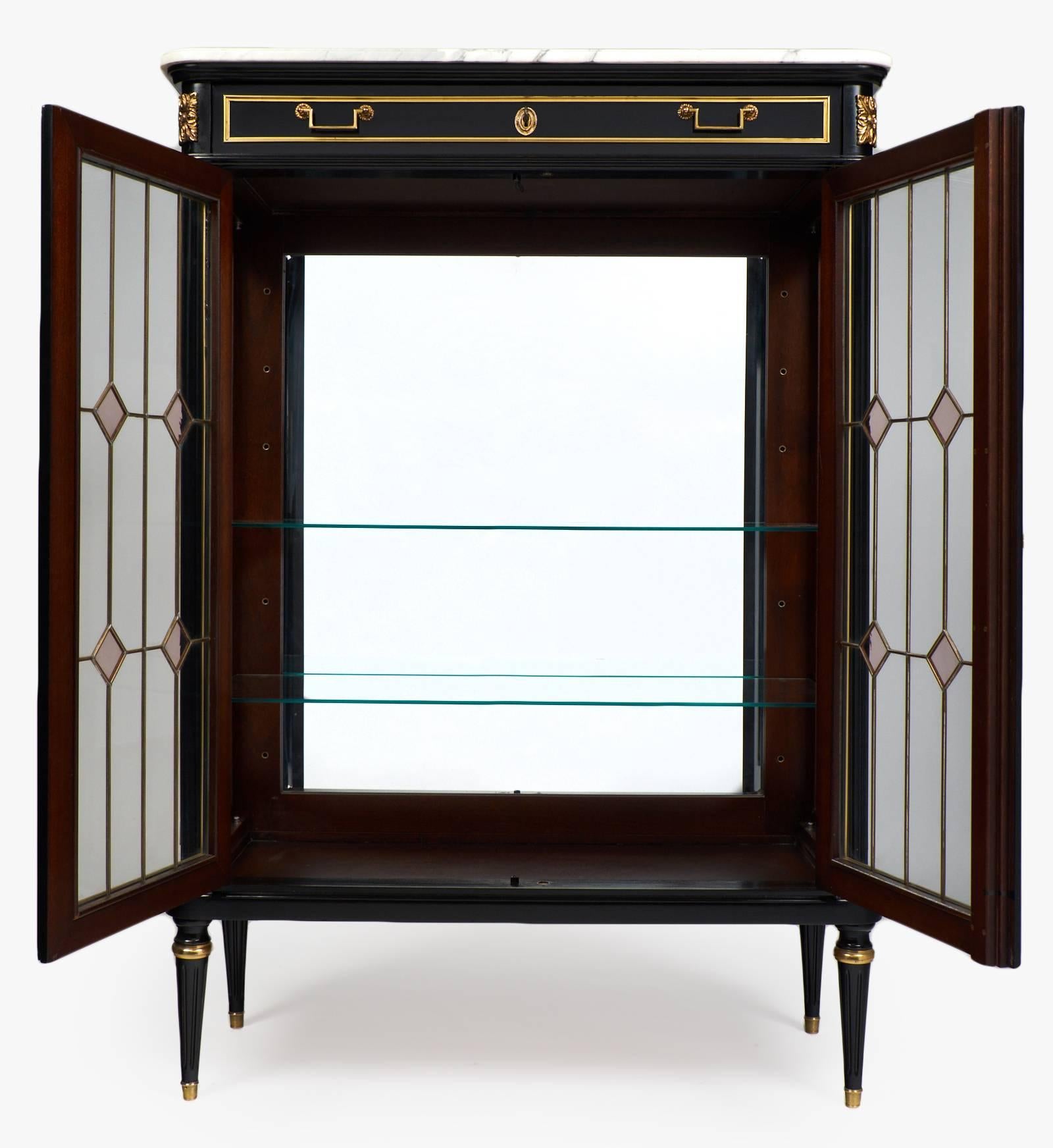 Ebonized Antique French Louis XVI Marble-Top Bookcase or Vitrine