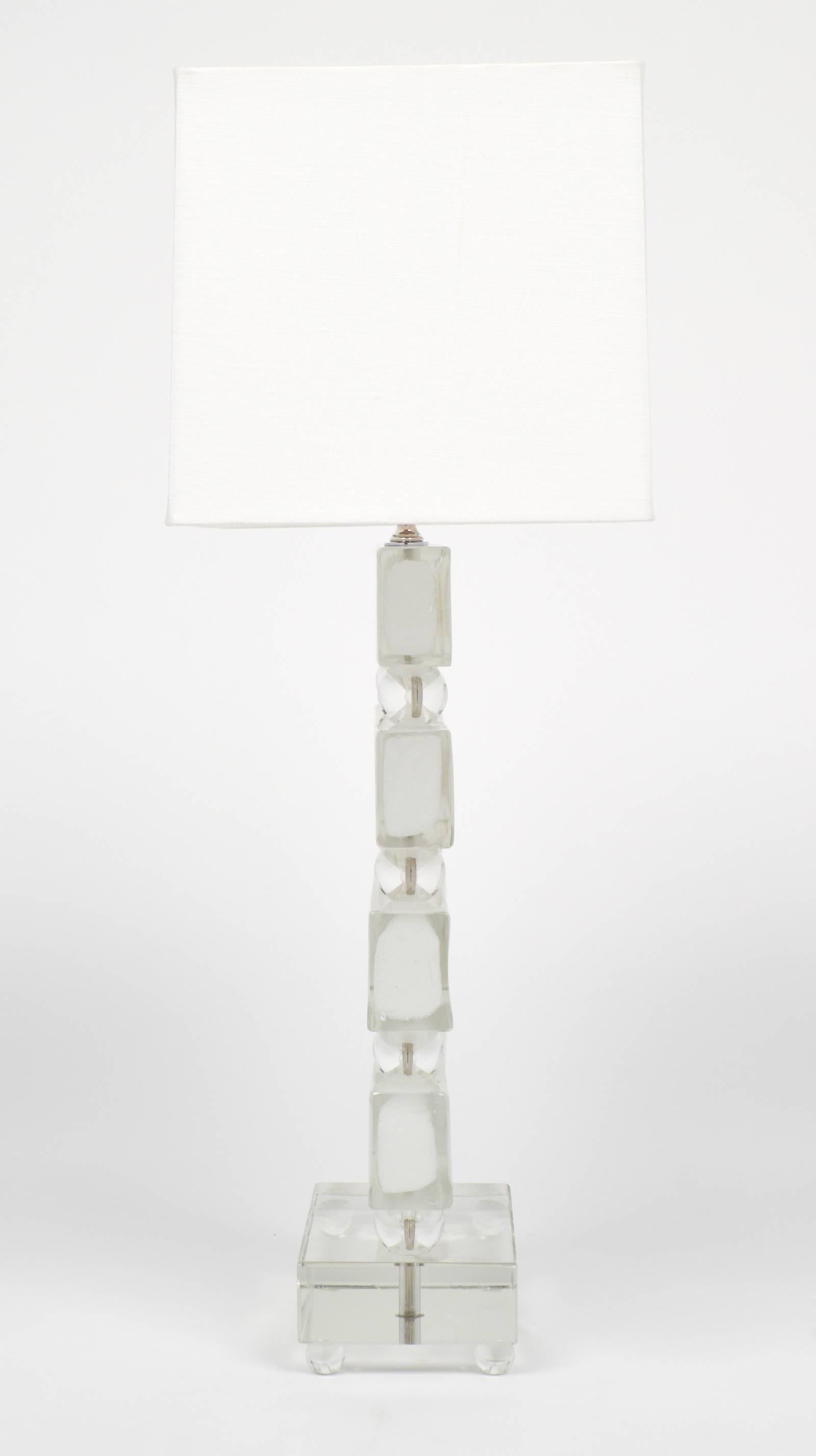 Modern Pair of Frosted Murano Glass Block Table Lamps For Sale