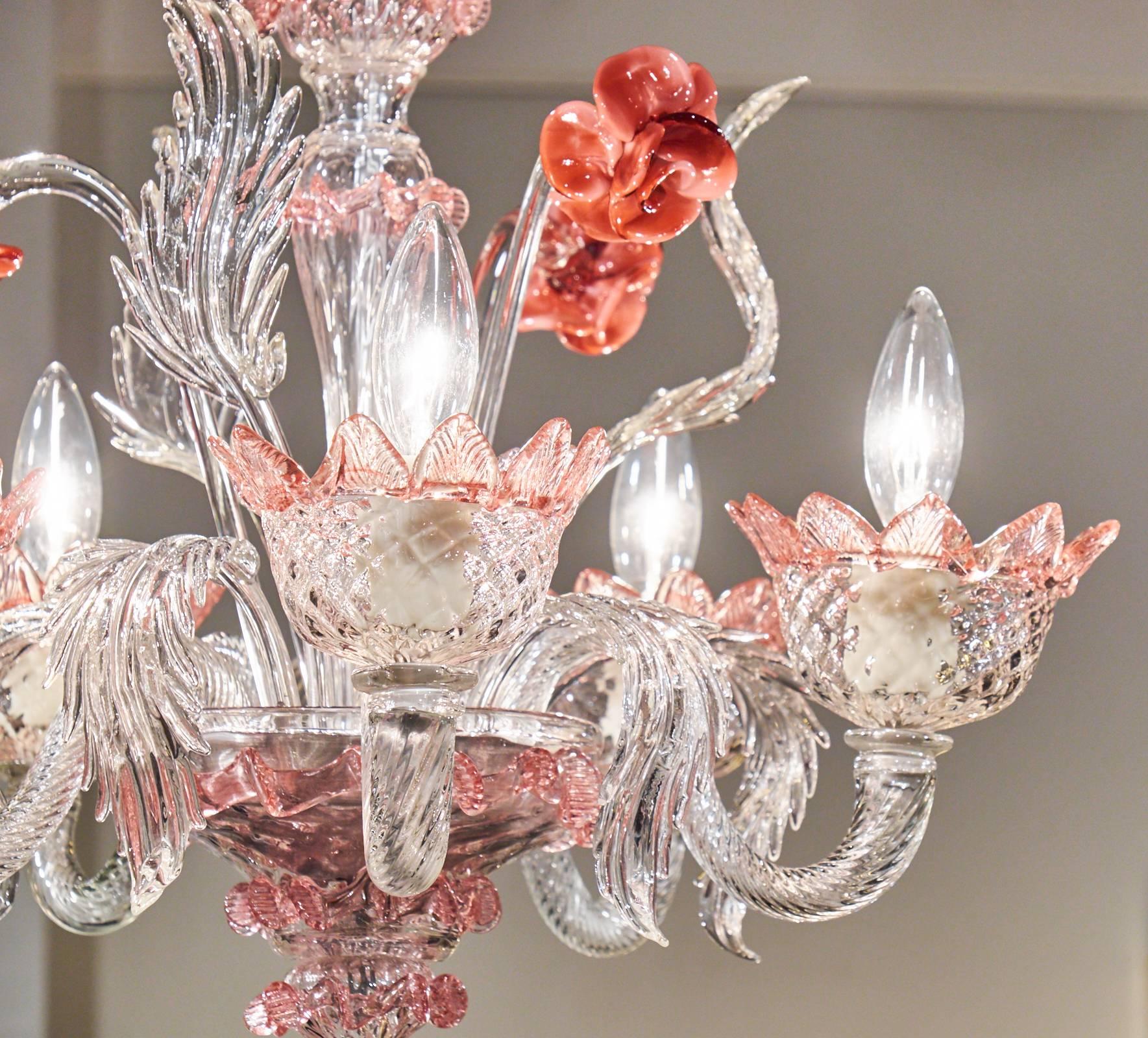 Murano Glass Crystal and Pink Rose Chandelier 1