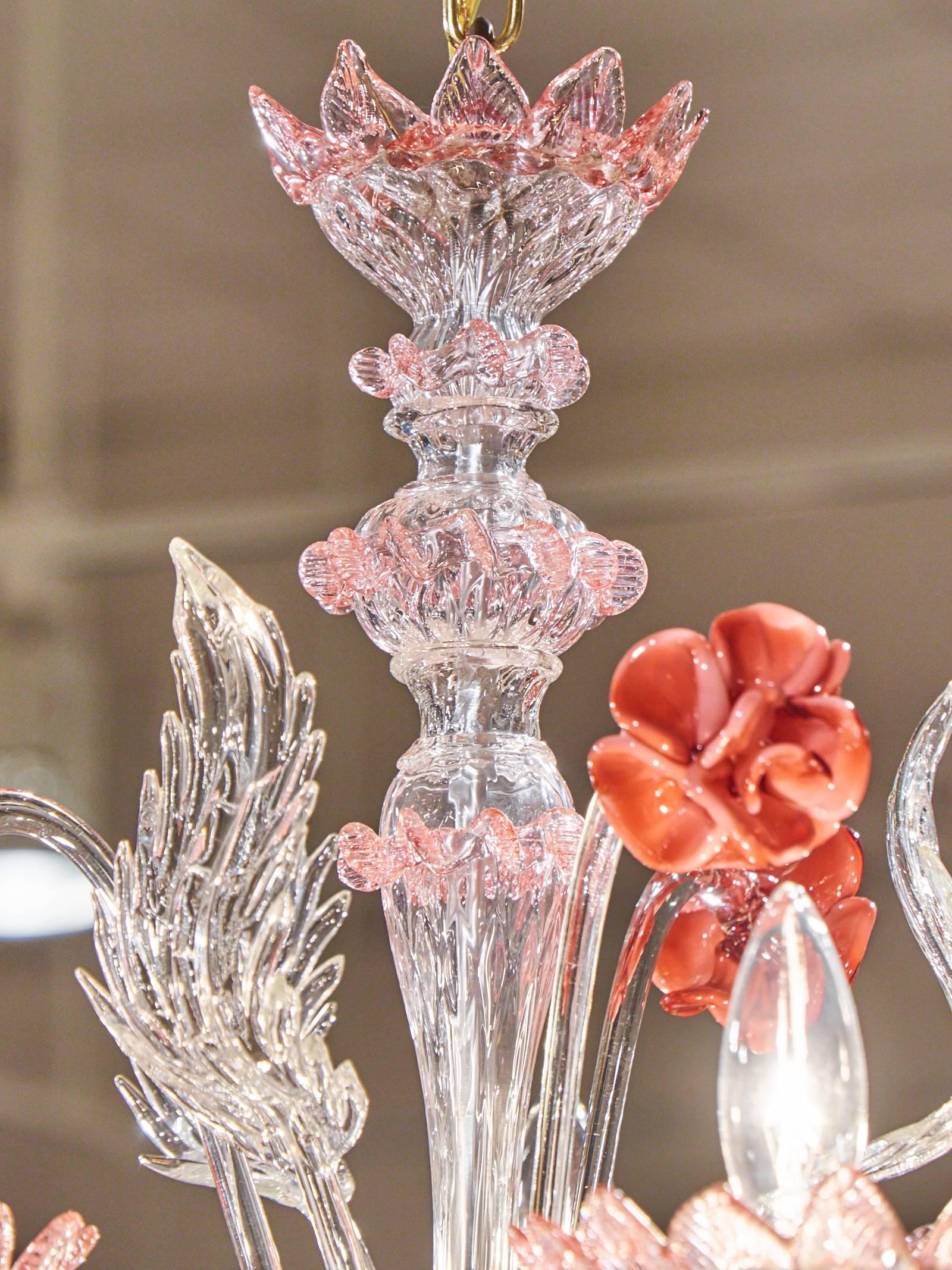 Italian Murano Glass Crystal and Pink Rose Chandelier