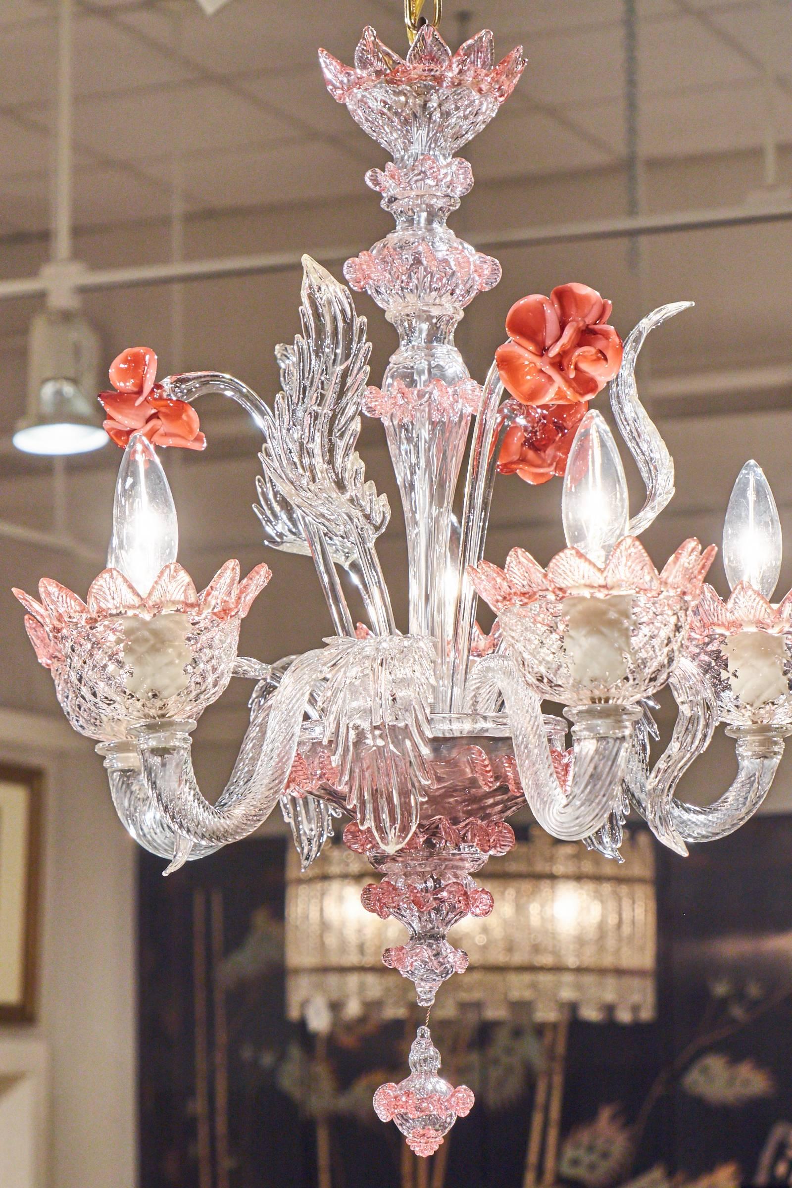 20th Century Murano Glass Crystal and Pink Rose Chandelier