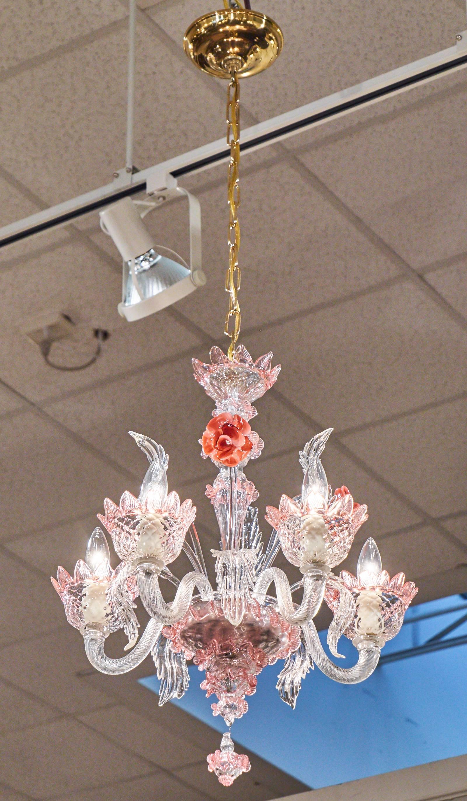 Baroque Revival Murano Glass Crystal and Pink Rose Chandelier