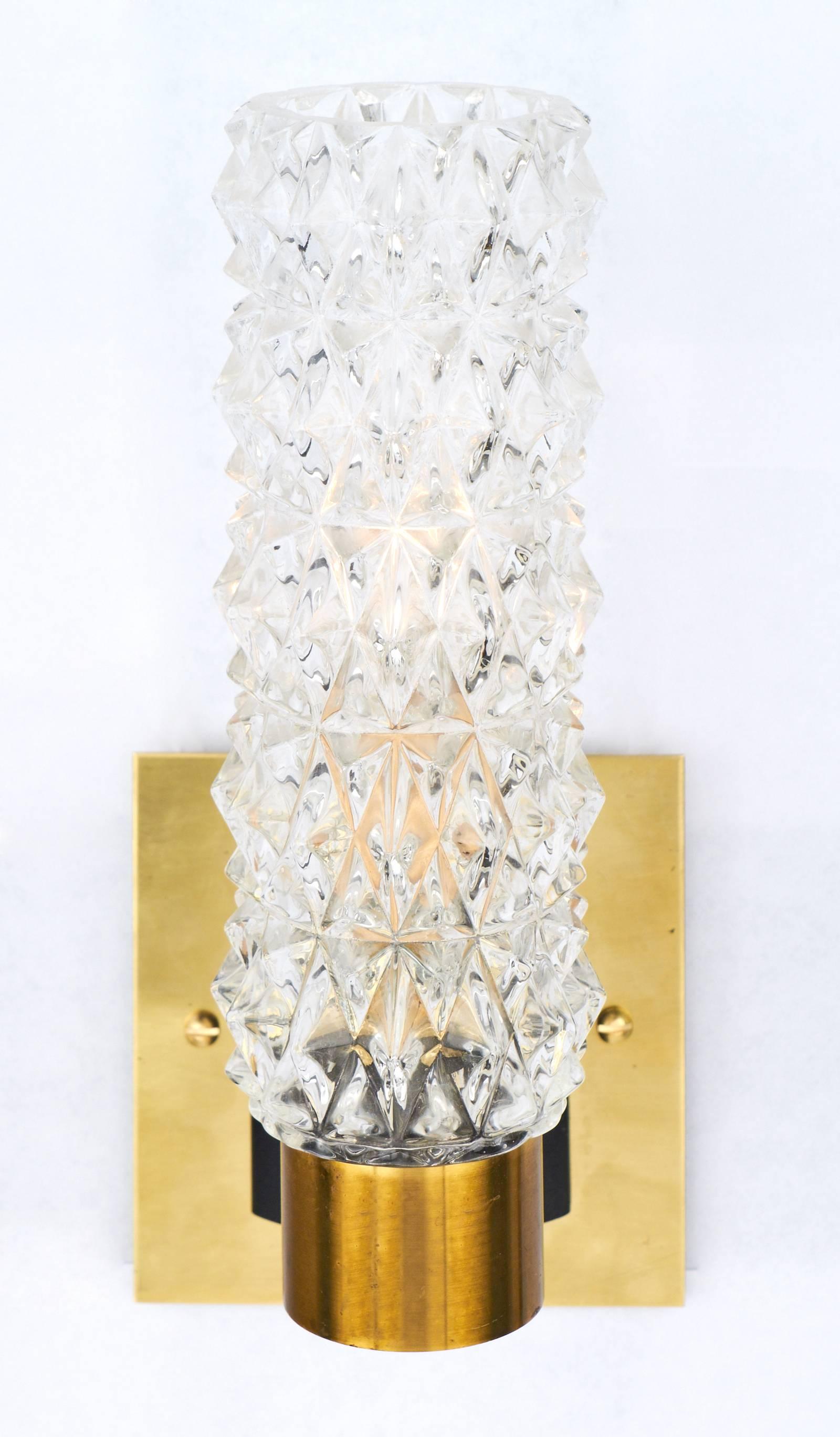 Mid-Century Modern Murano Pair of Glass and Brass Wall Sconces