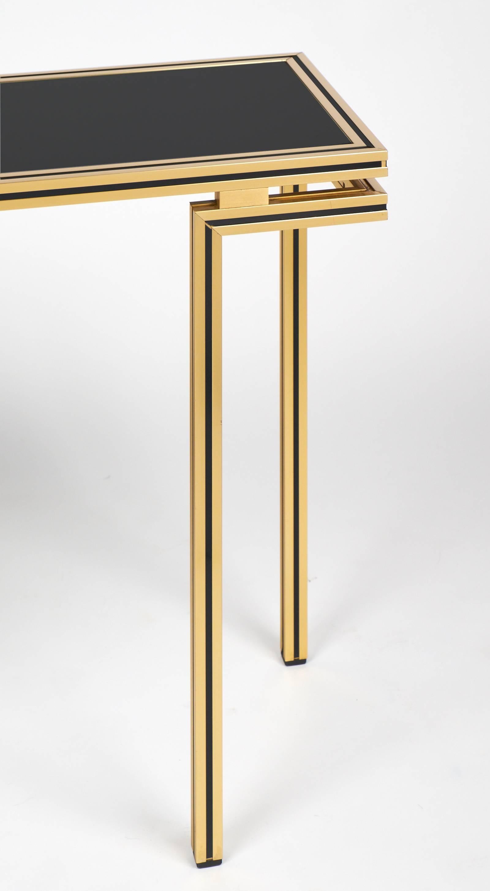 Lacquered Vintage Black Glass Top Brass Console Table by Pierre Vandel