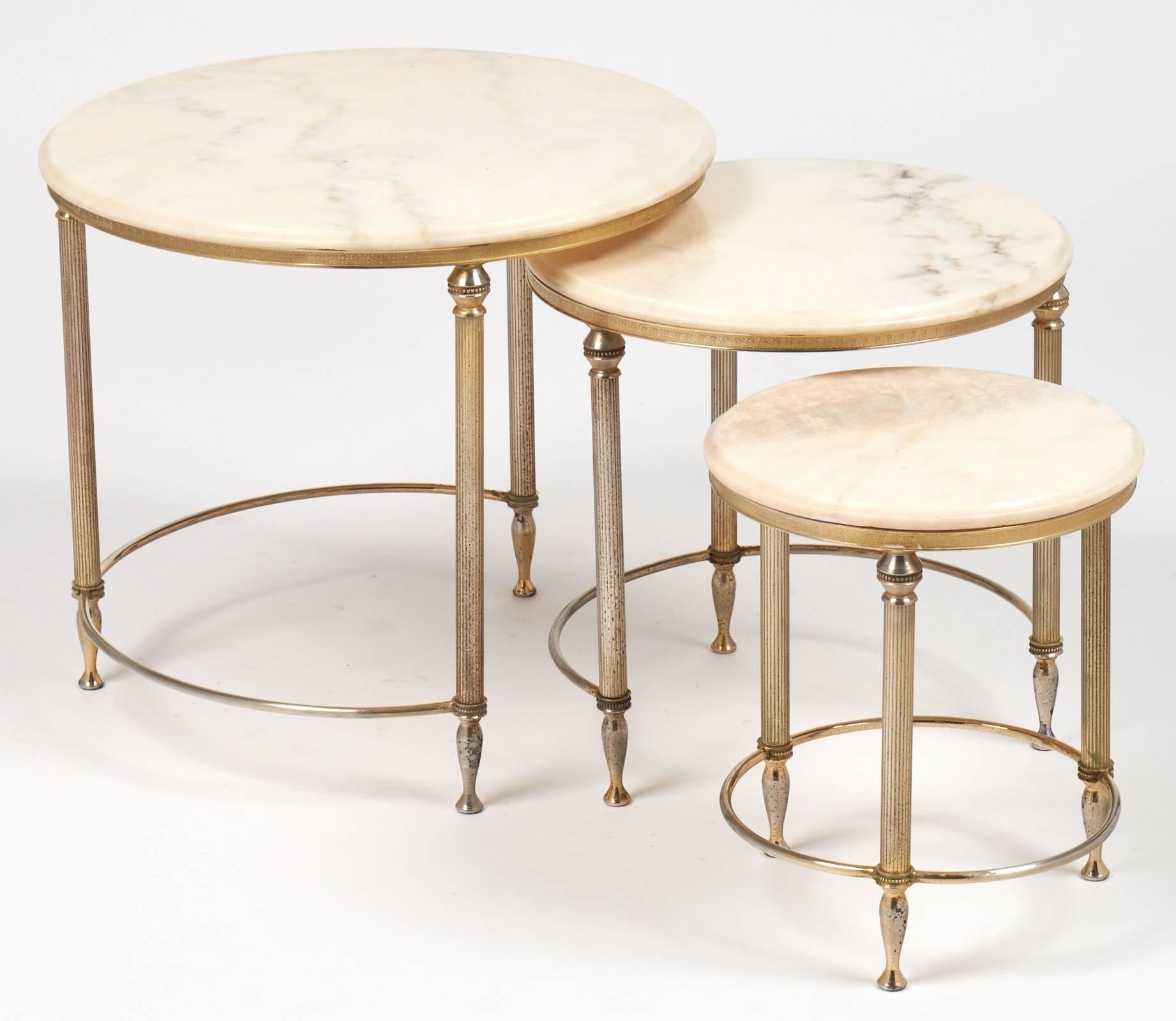 Art Deco French Neoclassic Set of Three Onyx-Top Bronze Nesting Tables