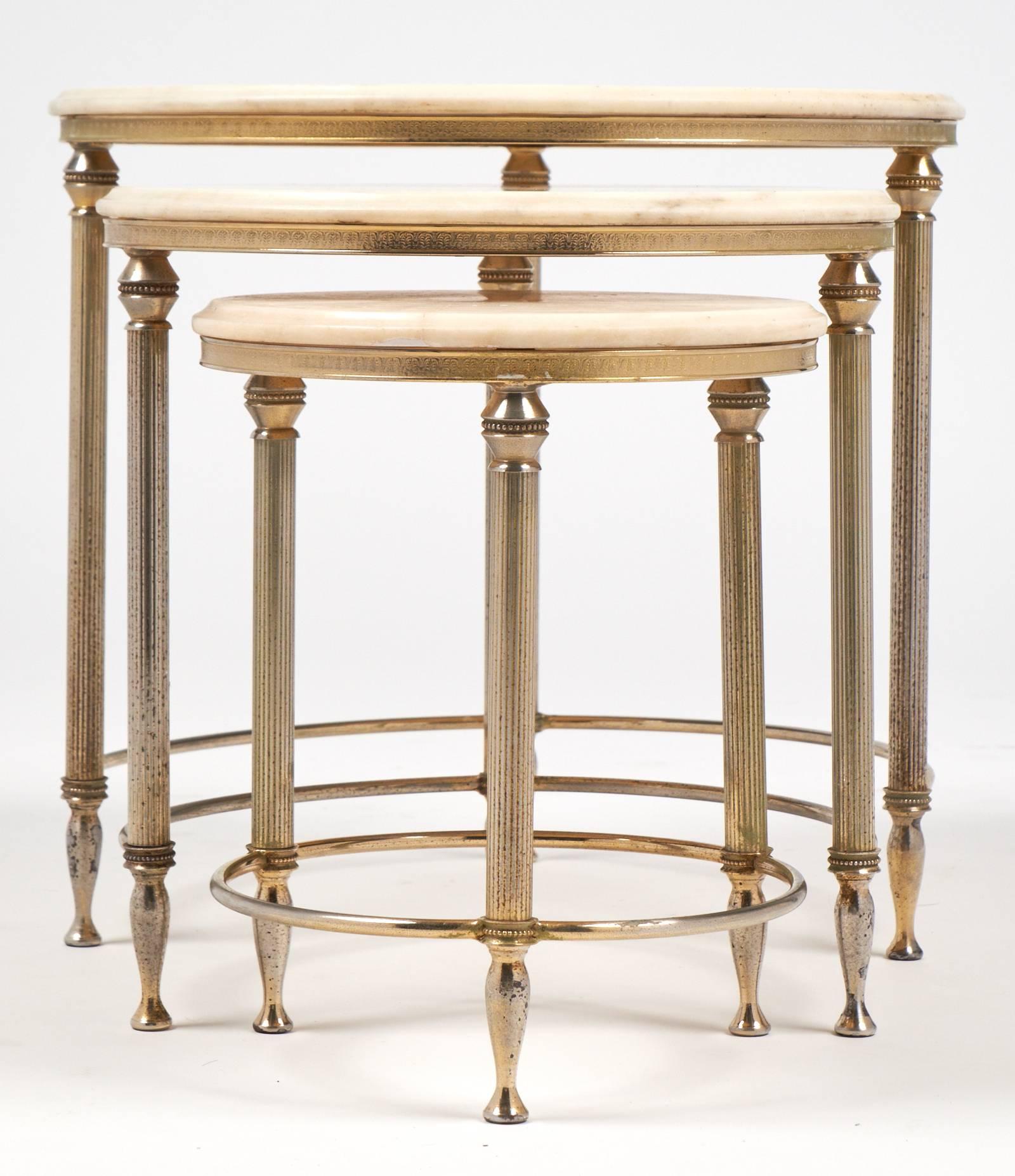 Mid-20th Century French Neoclassic Set of Three Onyx-Top Bronze Nesting Tables