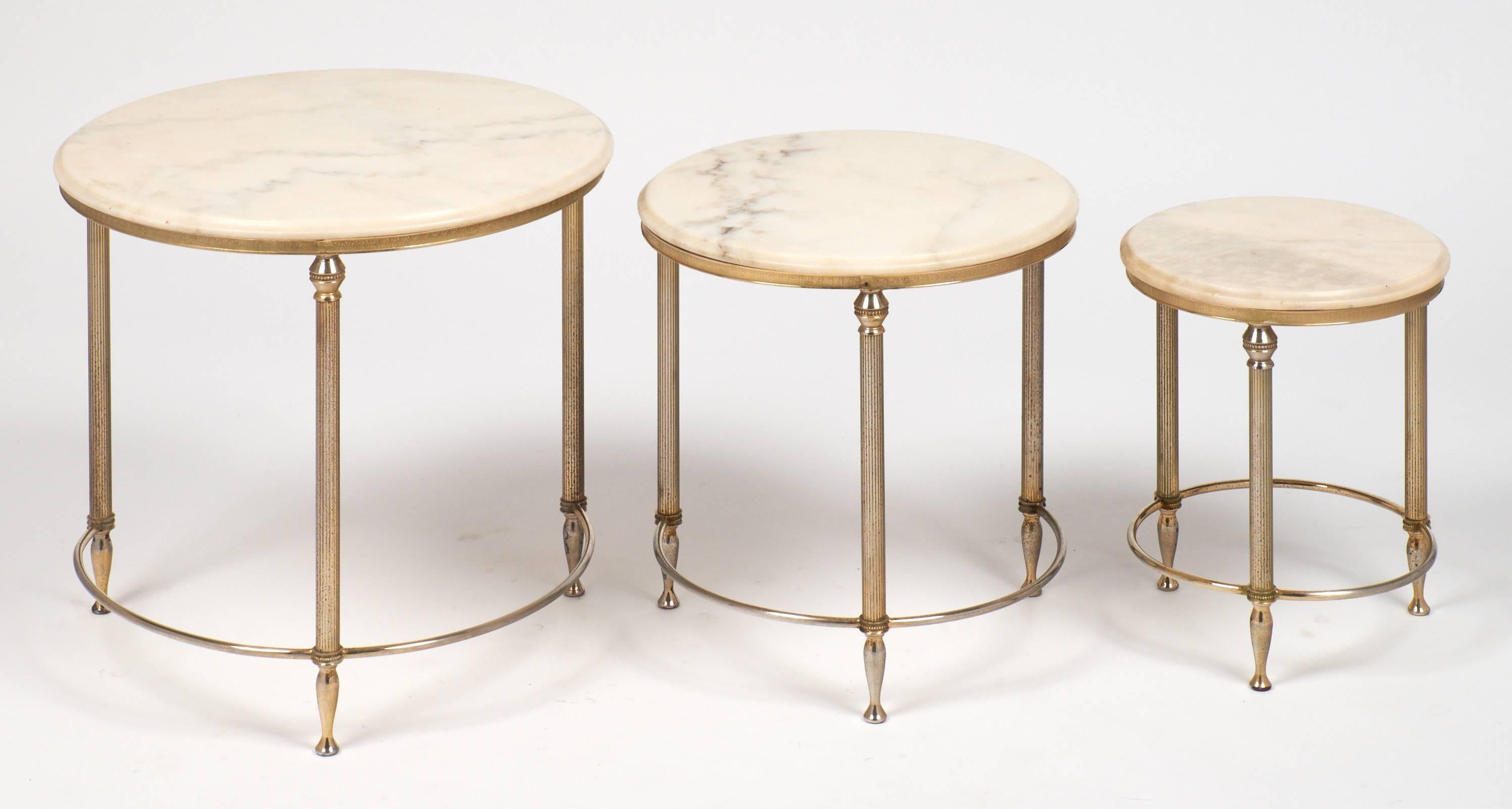 Cast French Neoclassic Set of Three Onyx-Top Bronze Nesting Tables