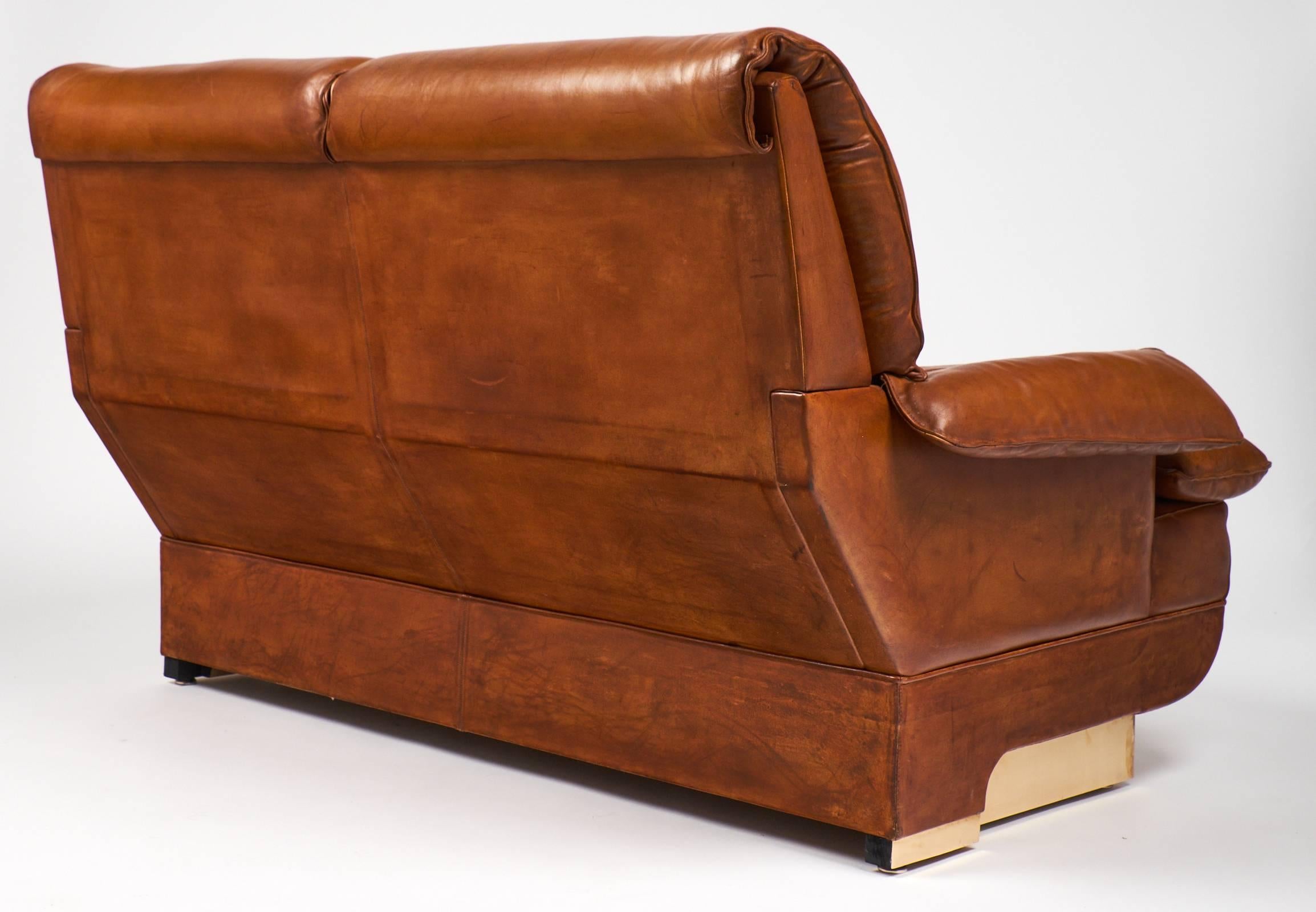 French Modernist Vintage Leather and Brass Sofa 1